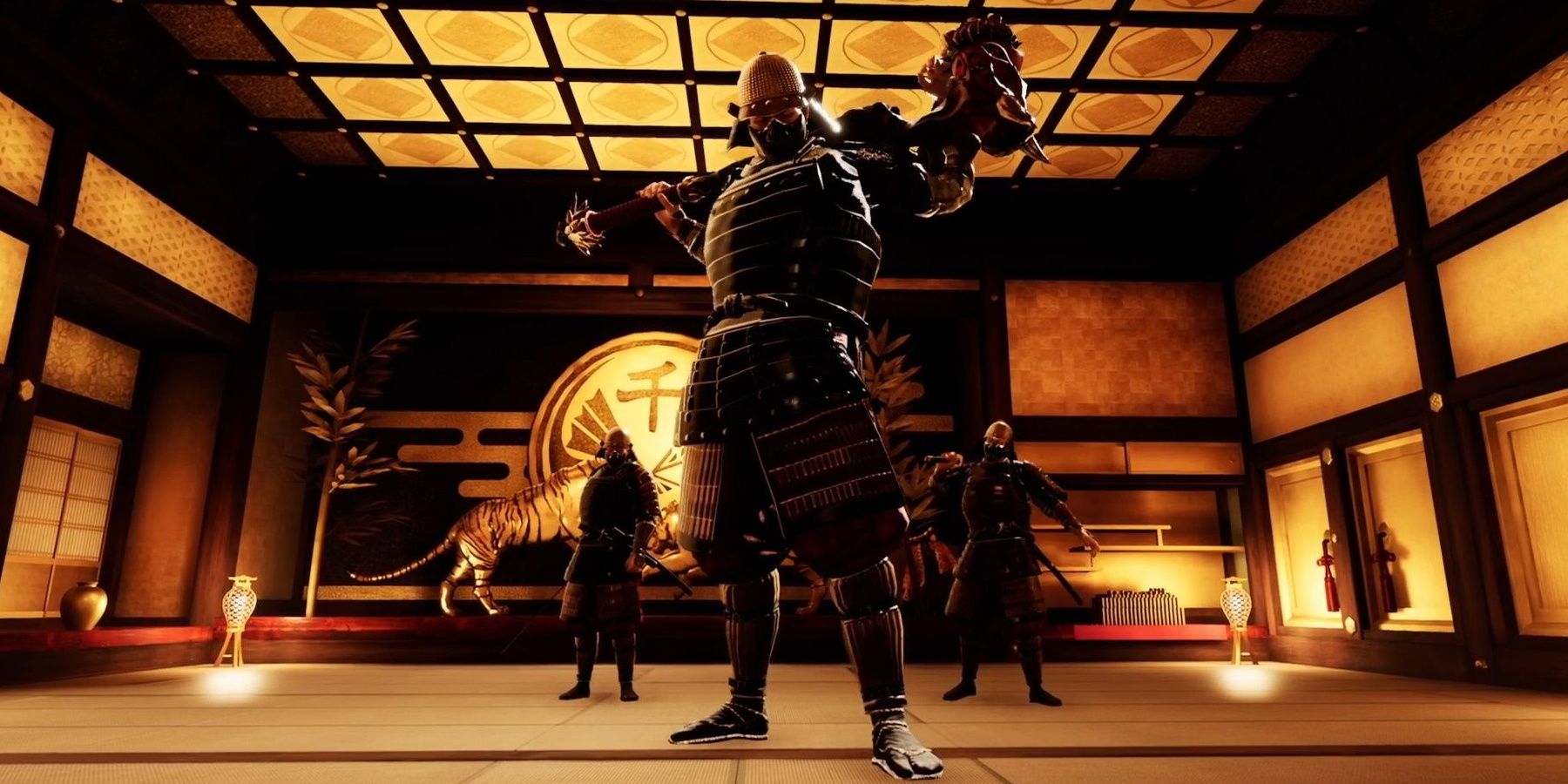 A Giant Warrior with an equally massive weapon is flanked by smaller men preparing to fight Ryoma.