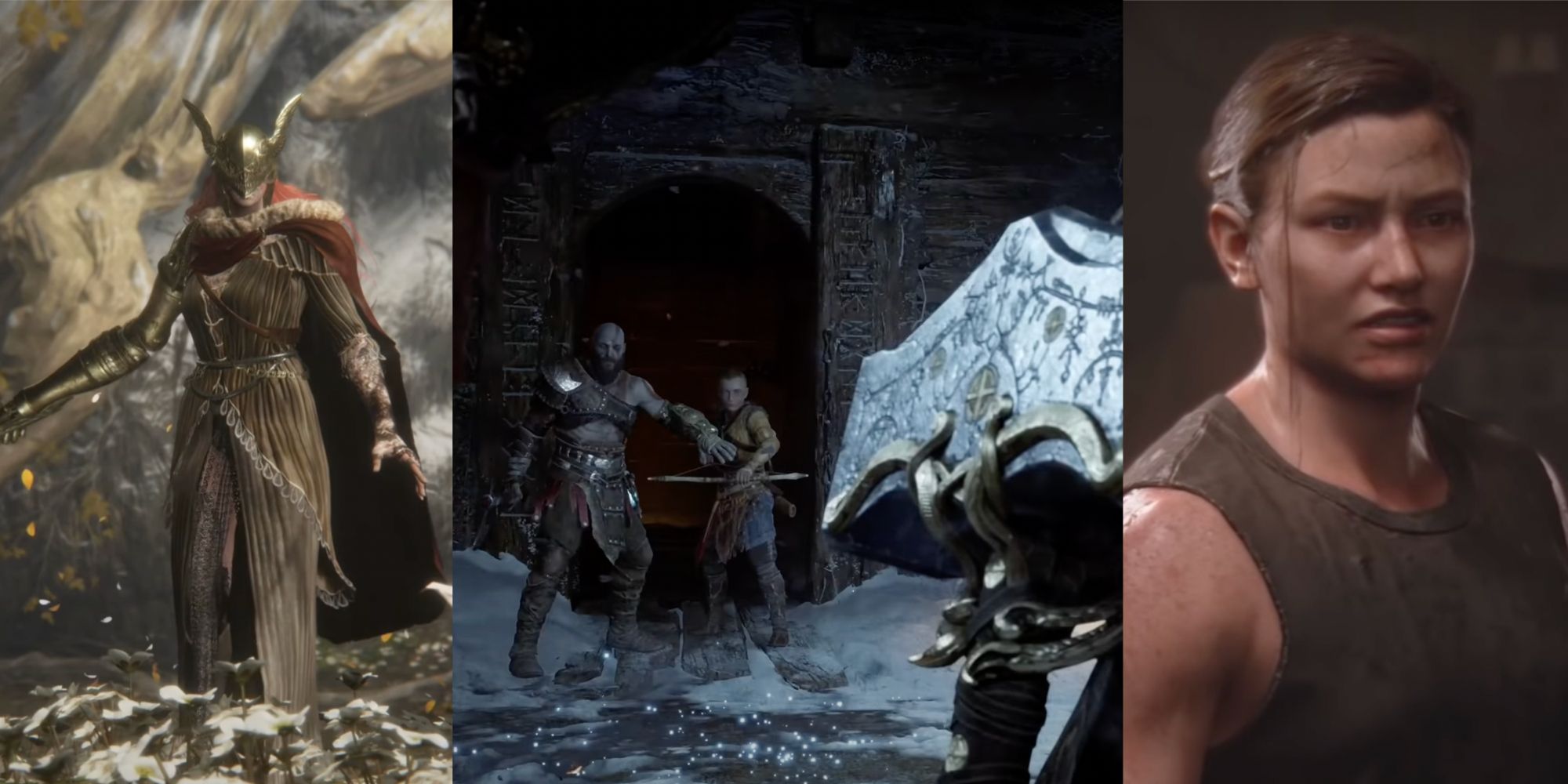 malenia in elden ring, kratos and atreus facing thor in god of war ragnarok, abby in the last of us part 2