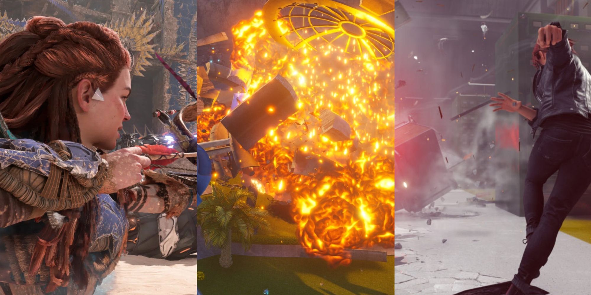 Alloy shooting a machine, building exploding in Destroy All Humans, and Jesse running in Control