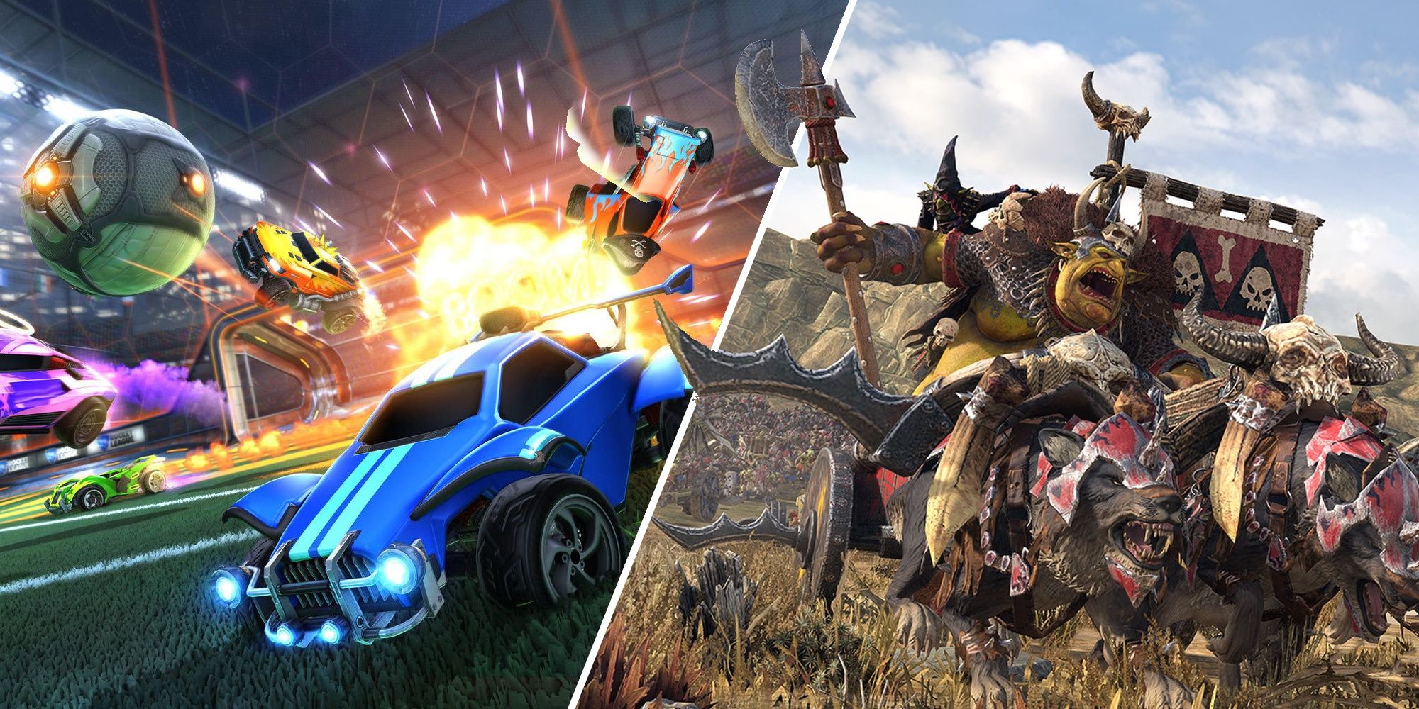 Best Lan Party Games, With art from Total War Warhammer 3 and Rocket League, Featured Image