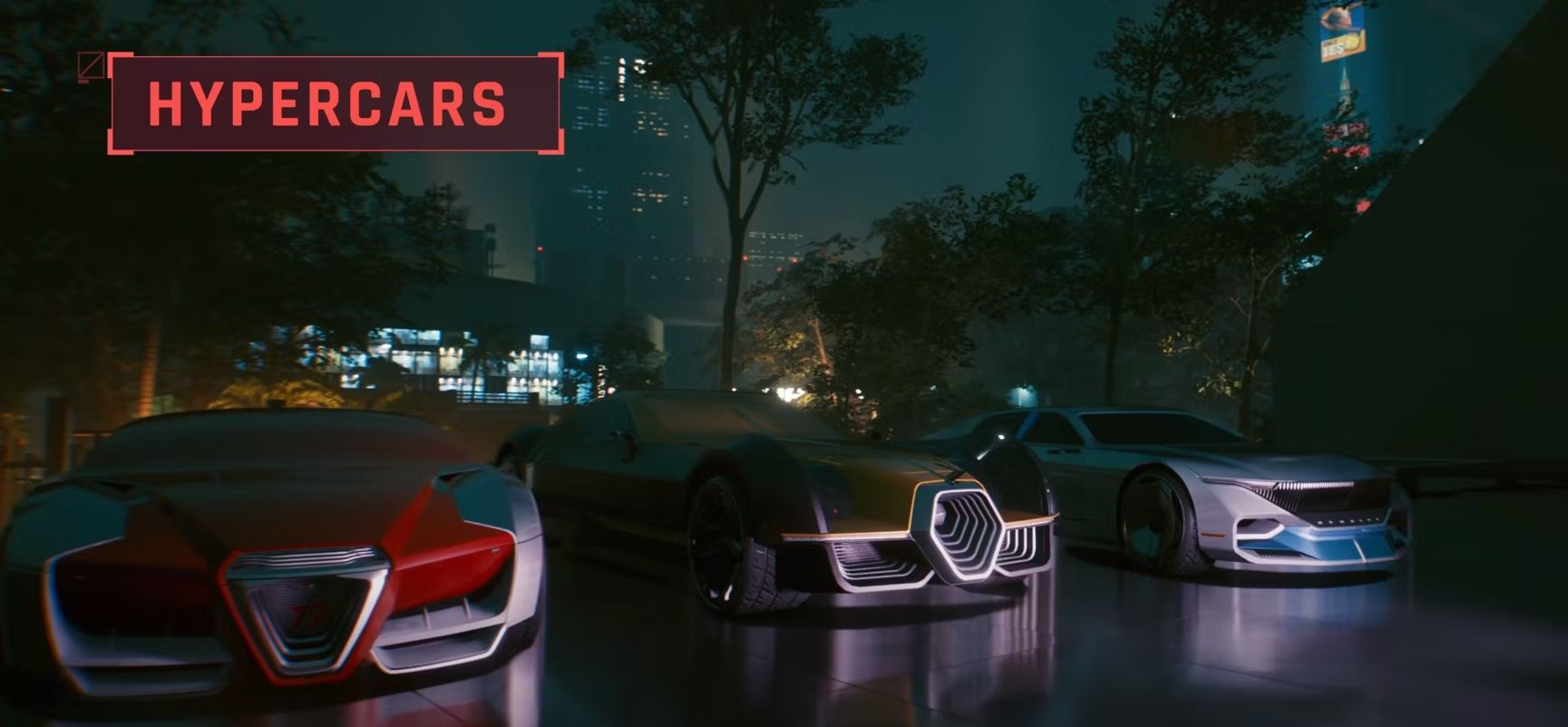 Three expensive cars lined up in Cyberpunk 2077