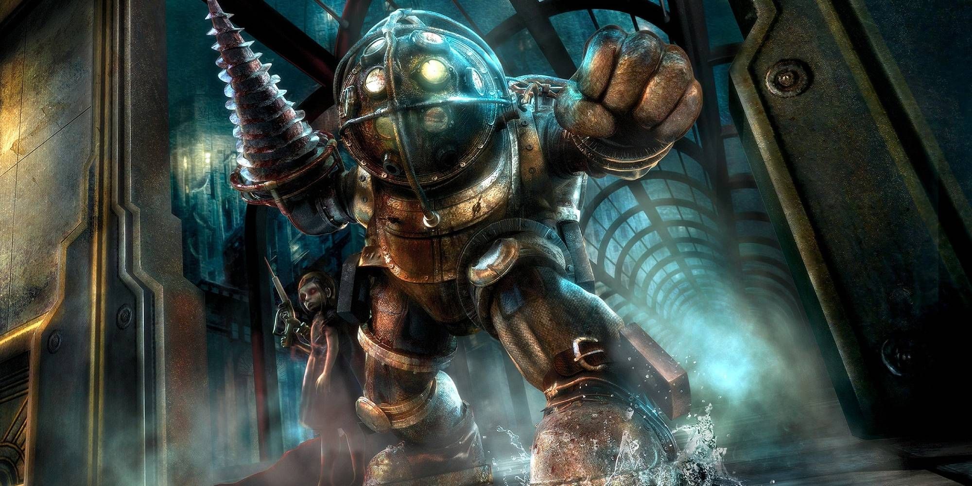 A Big Daddy from BioShock standing in a hallway in Rapture