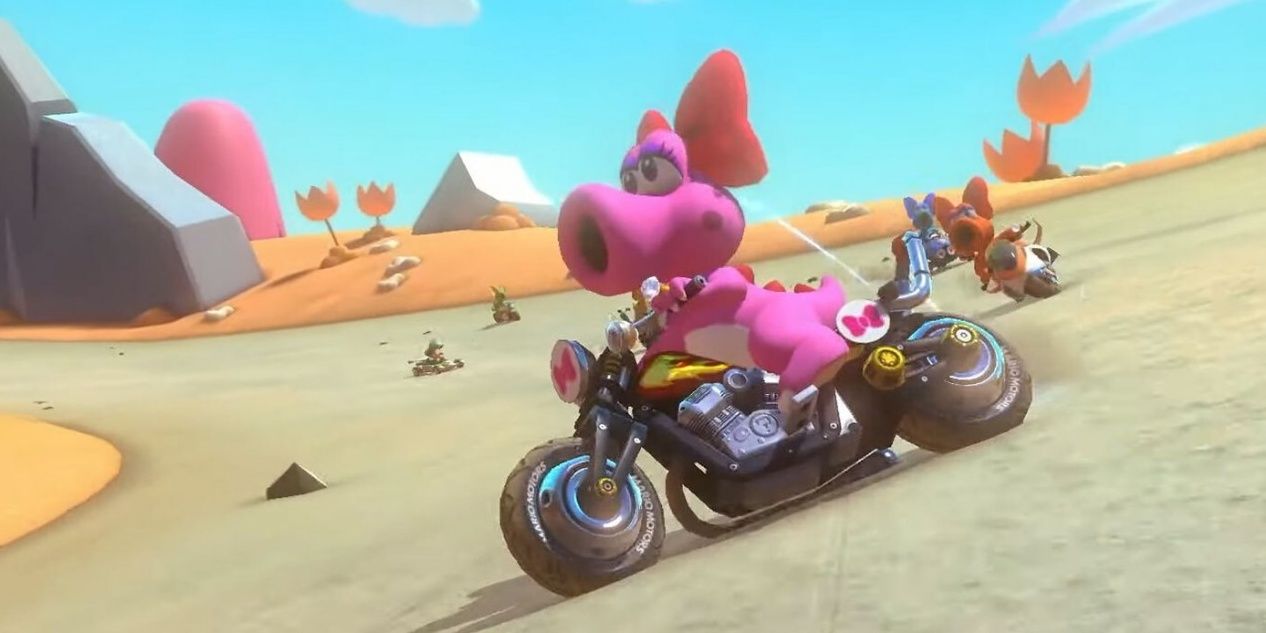 Birdo Faisant La Course Dans Le Désert Dans Mario Kart 8