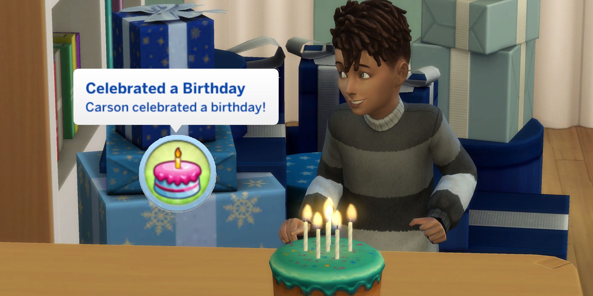 A child Sim looks excited in front of his birthday cake. A text bubble saying "Celebrated a Birthday" is next to him.