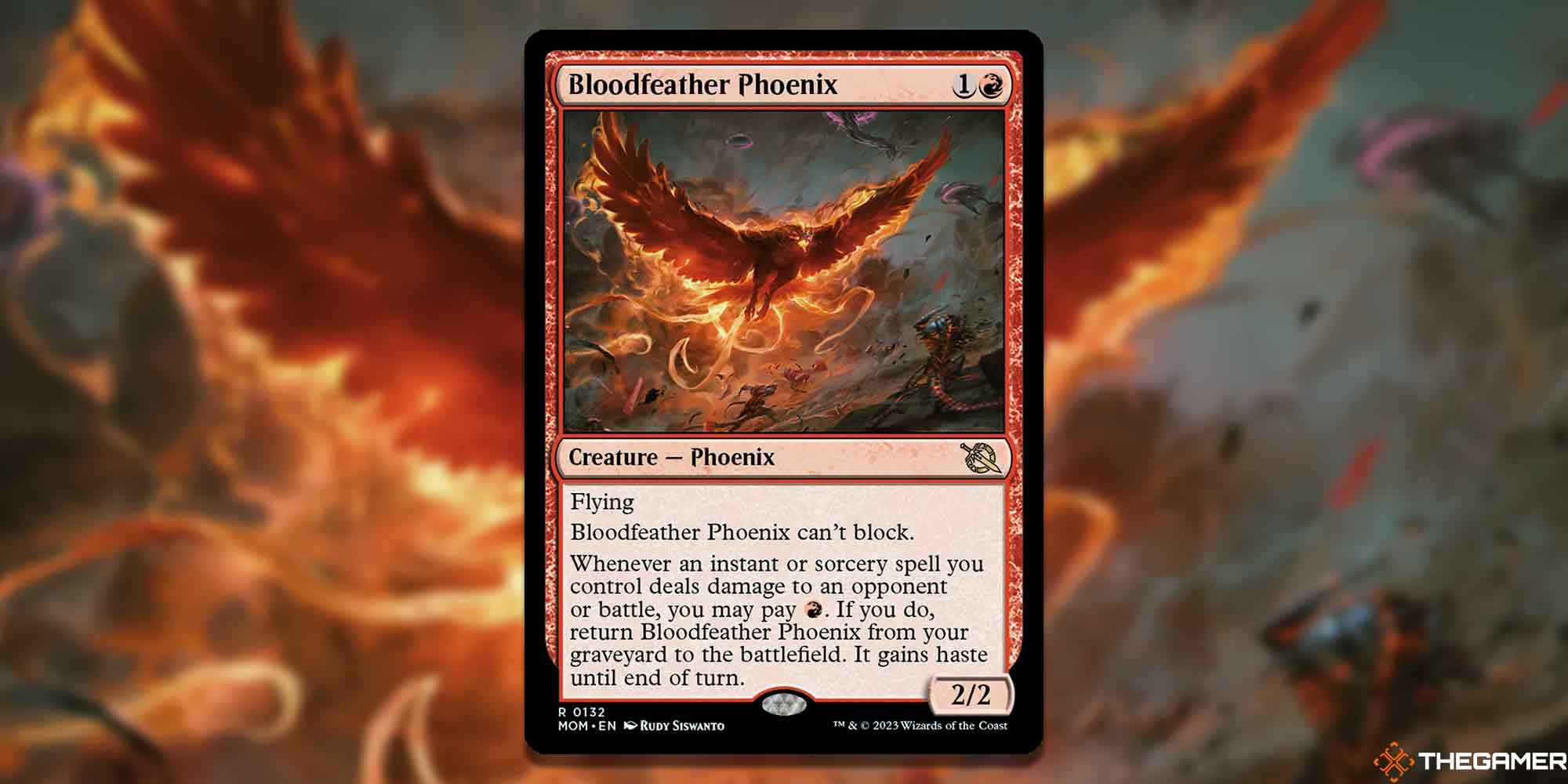 Magic the Gathering Blood Feather Phoenix card and art background.