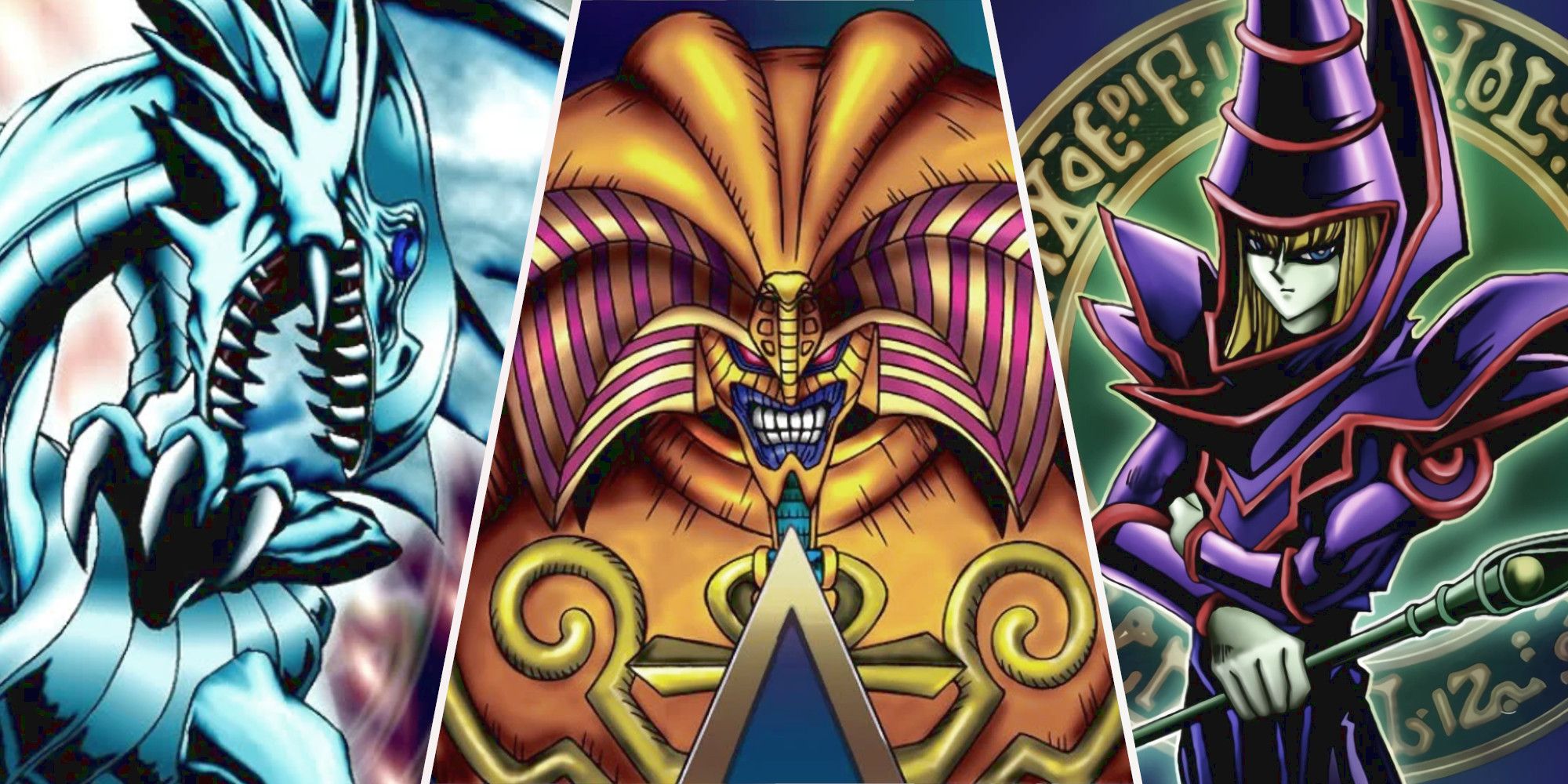 Collage image of Blue Eyes White Dragon, Exodia, and Dark Magician card art from YuGiOh