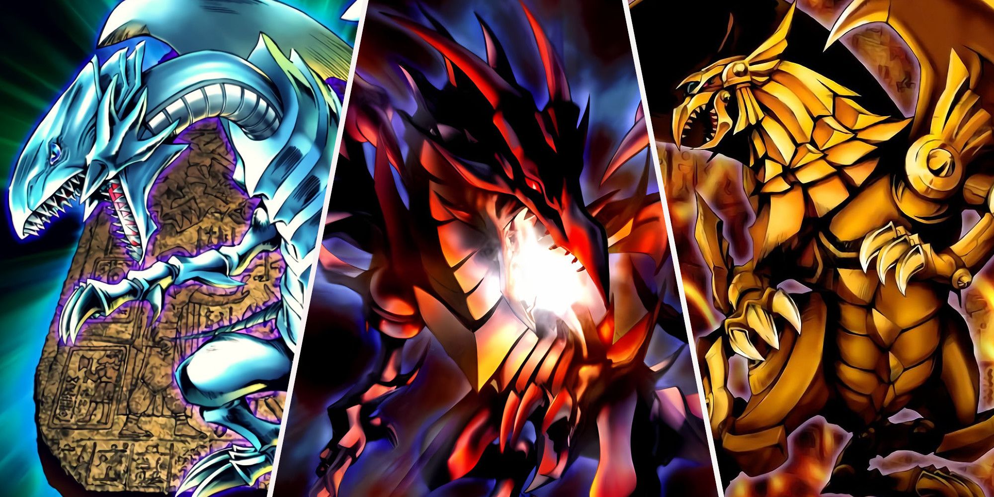 Blue Eyes White Dragon, Red Eyes Black Dragon, And Winged Dragon of Ra from left to right.
