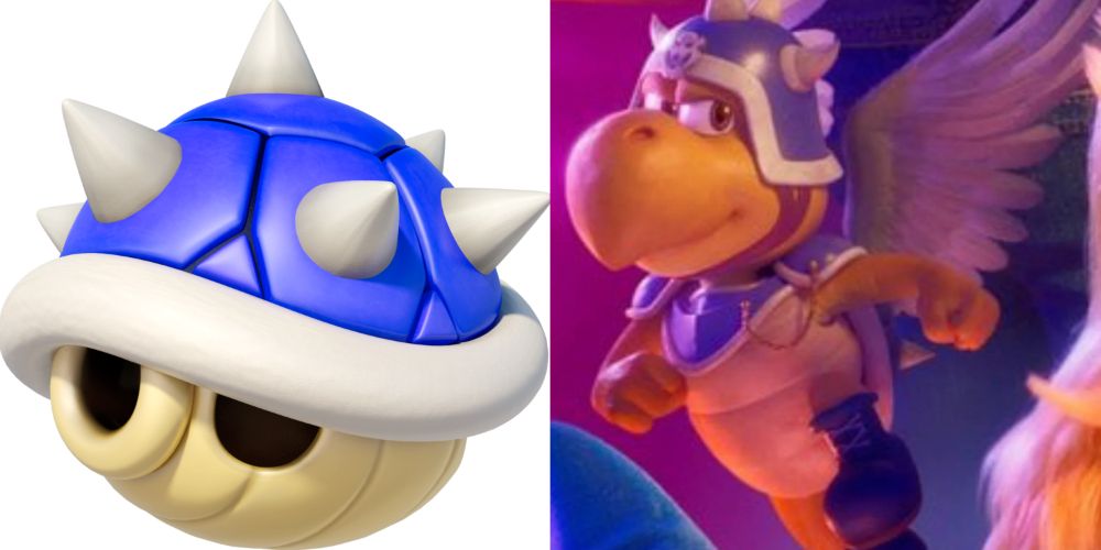 A blue bowser shell from a video game next to a blue paratrooper from a movie