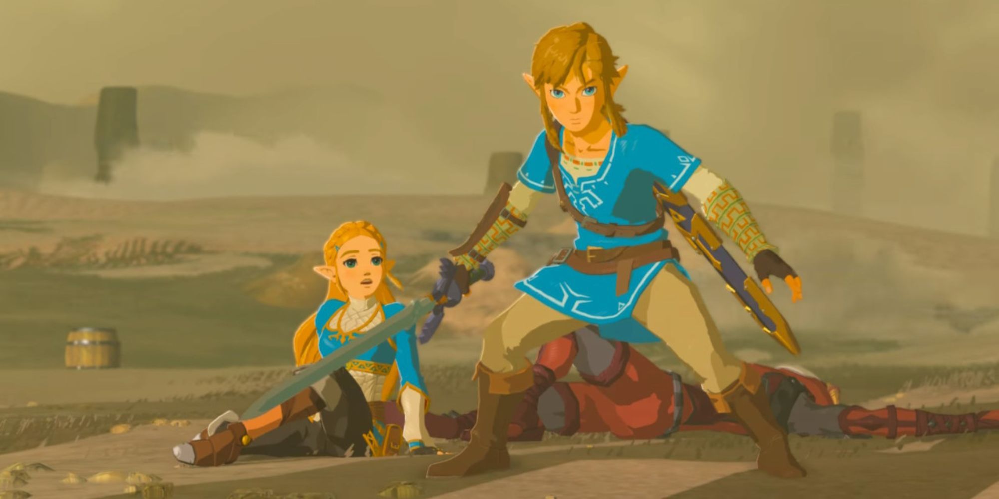 Link protects Zelda in Gerudo Desert after defeating a Yiga Clan Member
