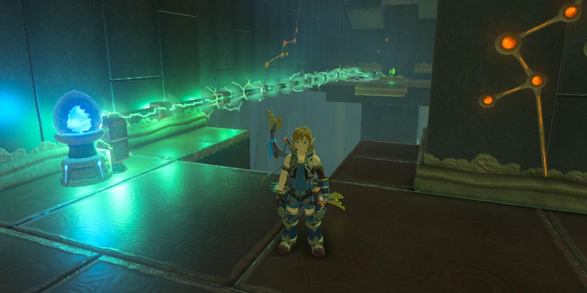 Link stands in front of an electric conveyer belt inside the Dako Tah Shrine