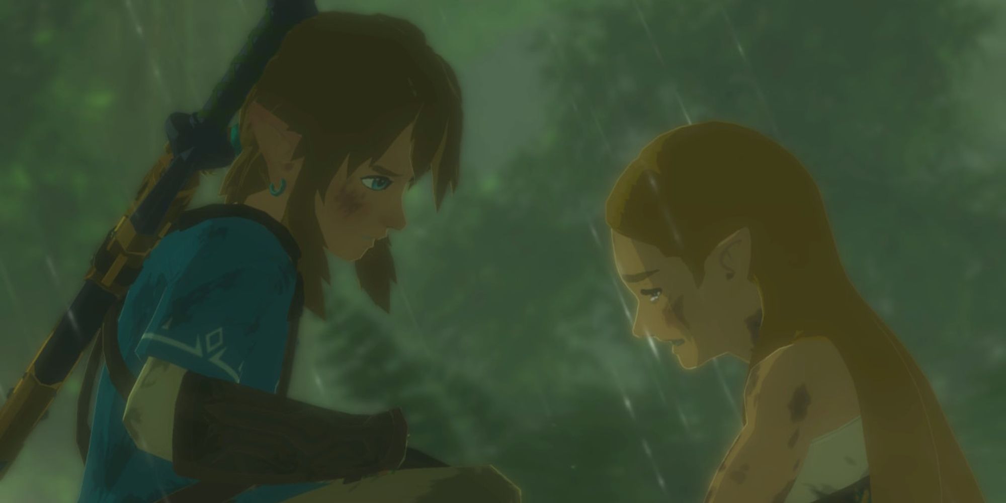 Zelda begins to cry during a rainstorm with Link