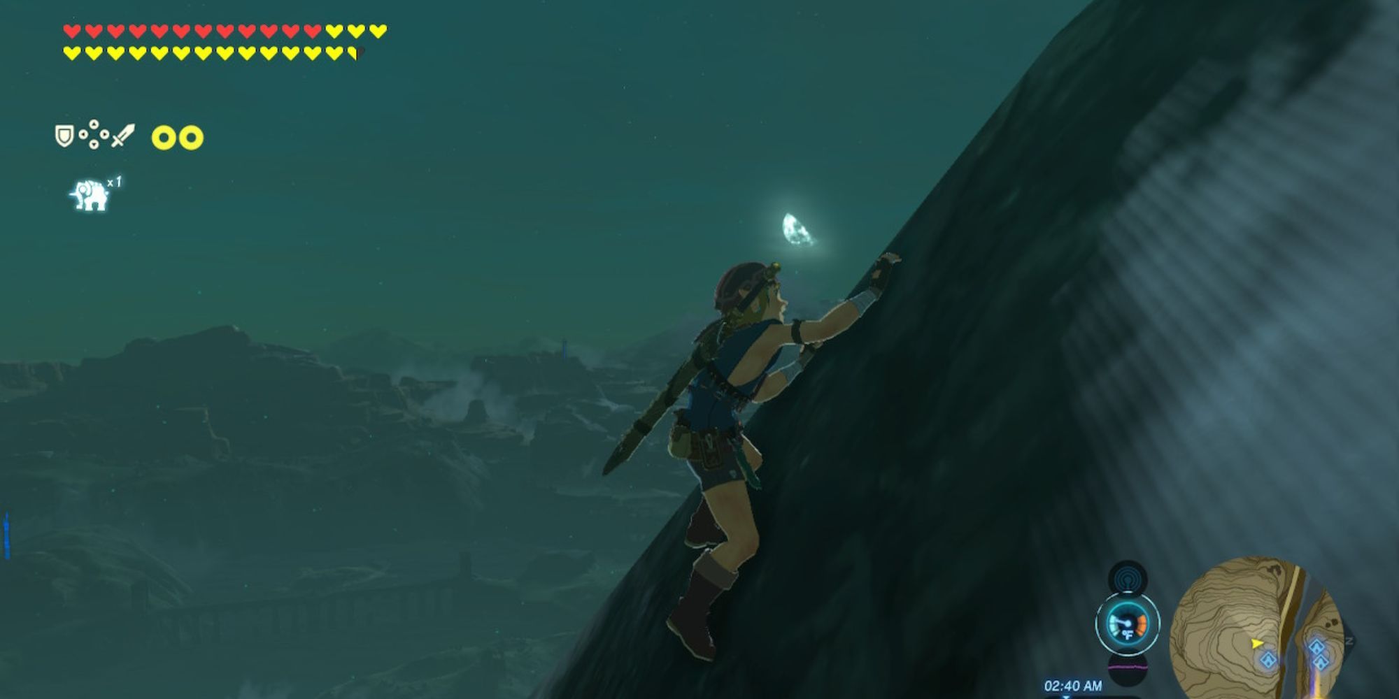 Link climbs a mountain at night