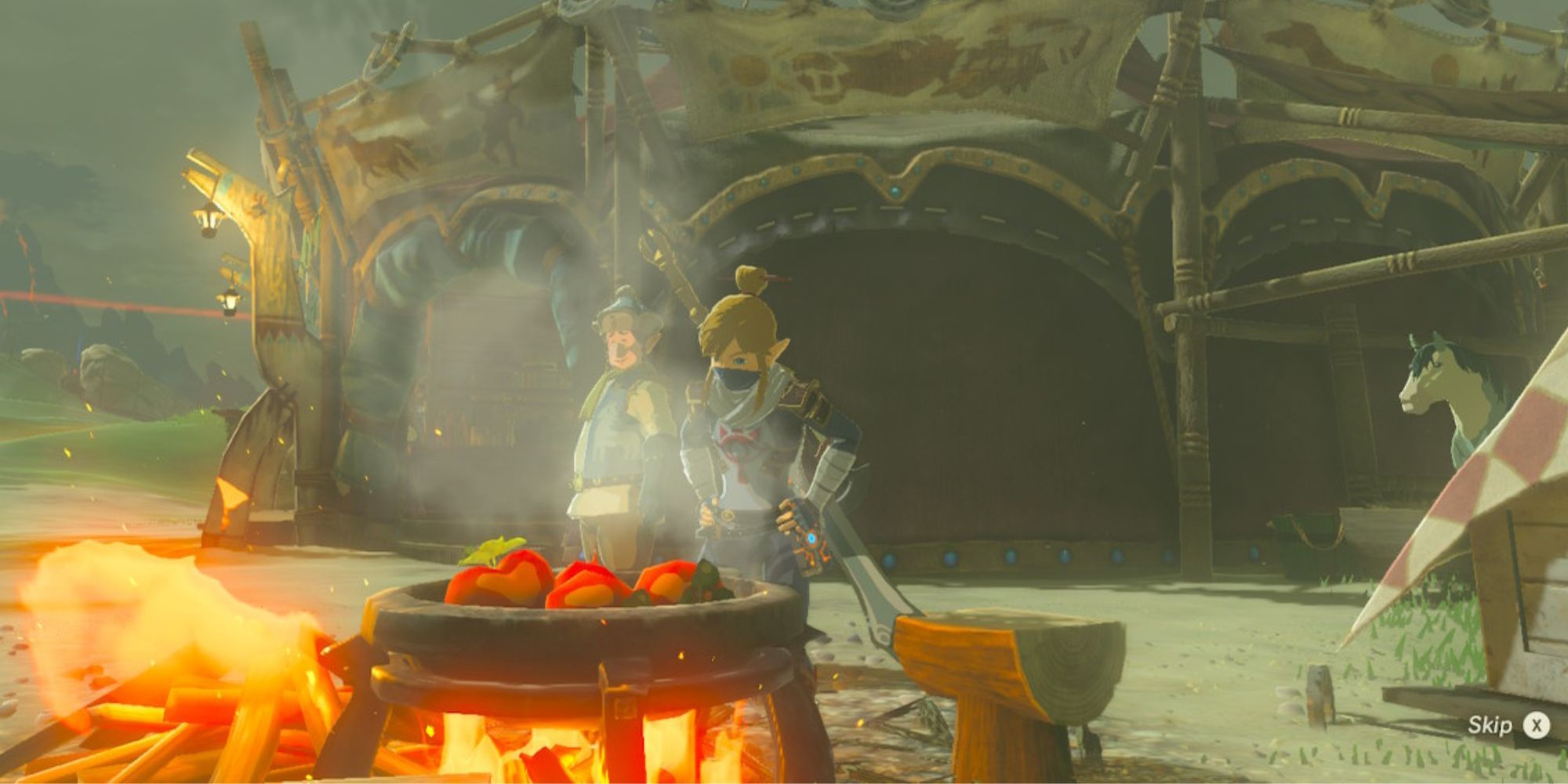 Link cooks Hearty Fried Wild Greens outside a stable on a windy day