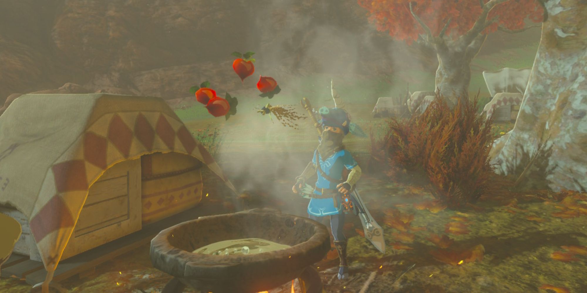 Link watches food fly in the air while cooking outside a stable