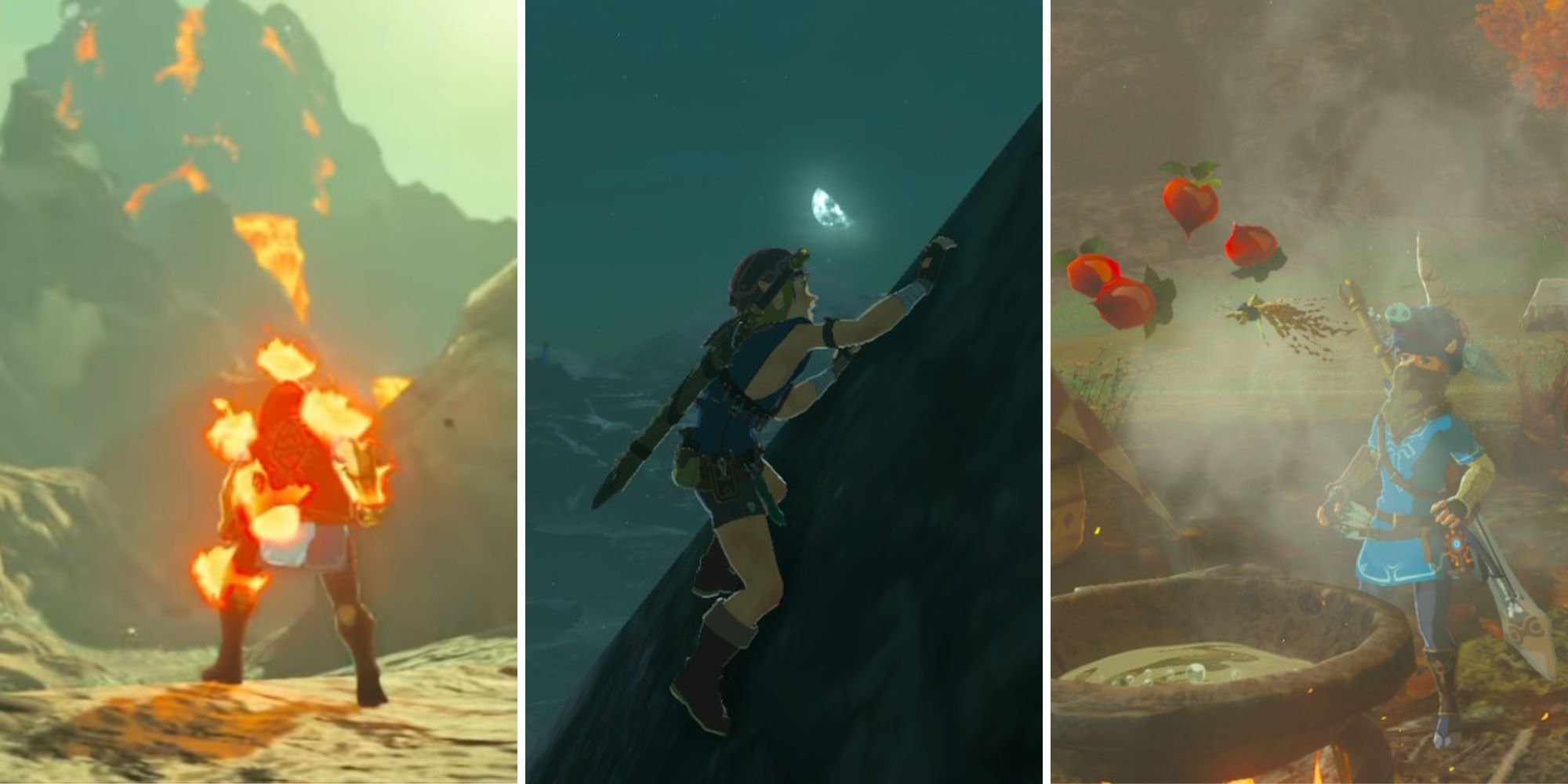 Breath of the Wild Link is on fire near a volcano, Link climbs a mountain at night, Link cooks food at a stable