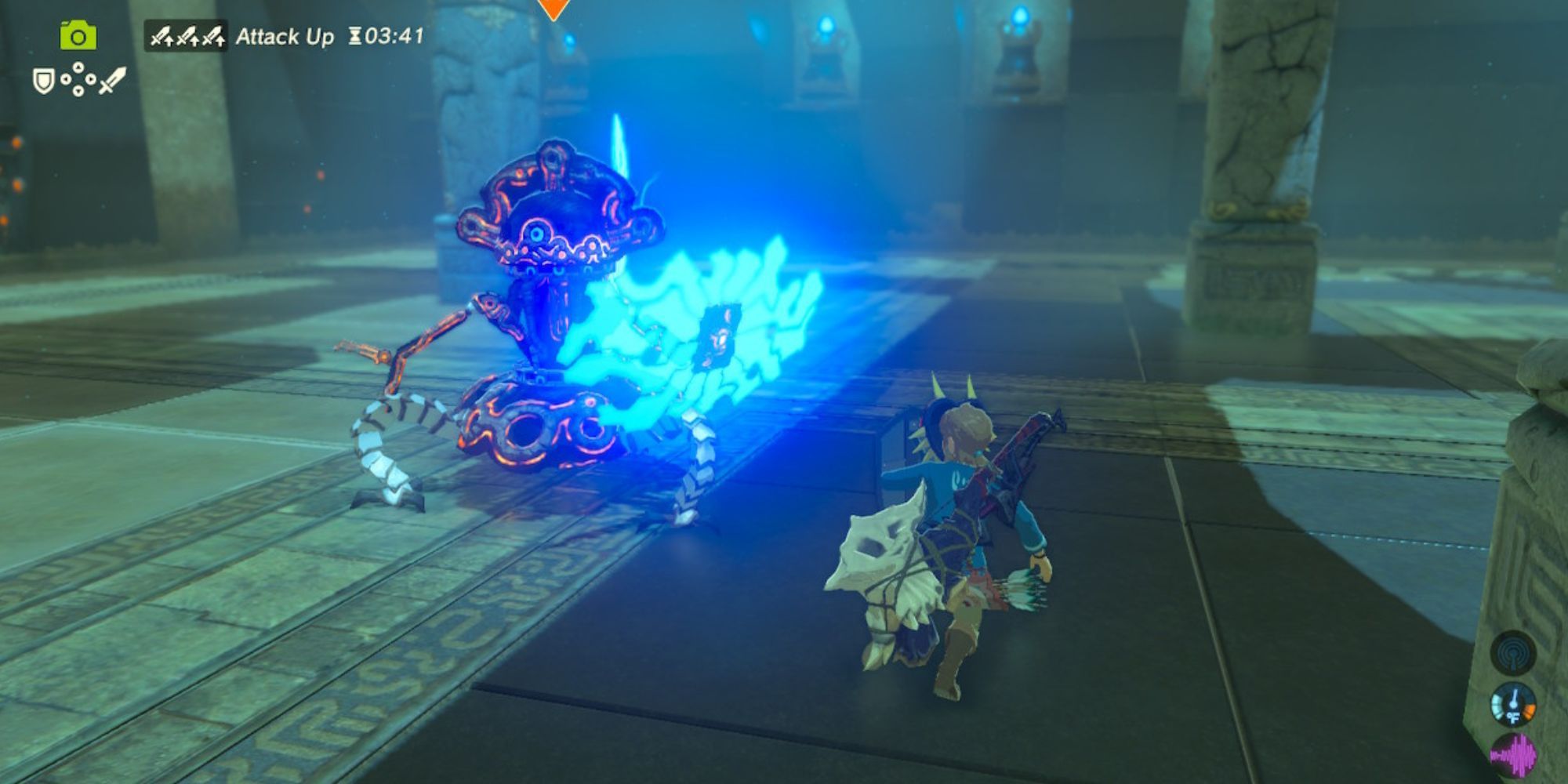 Link battles a Guardian Scout inside a Shrine