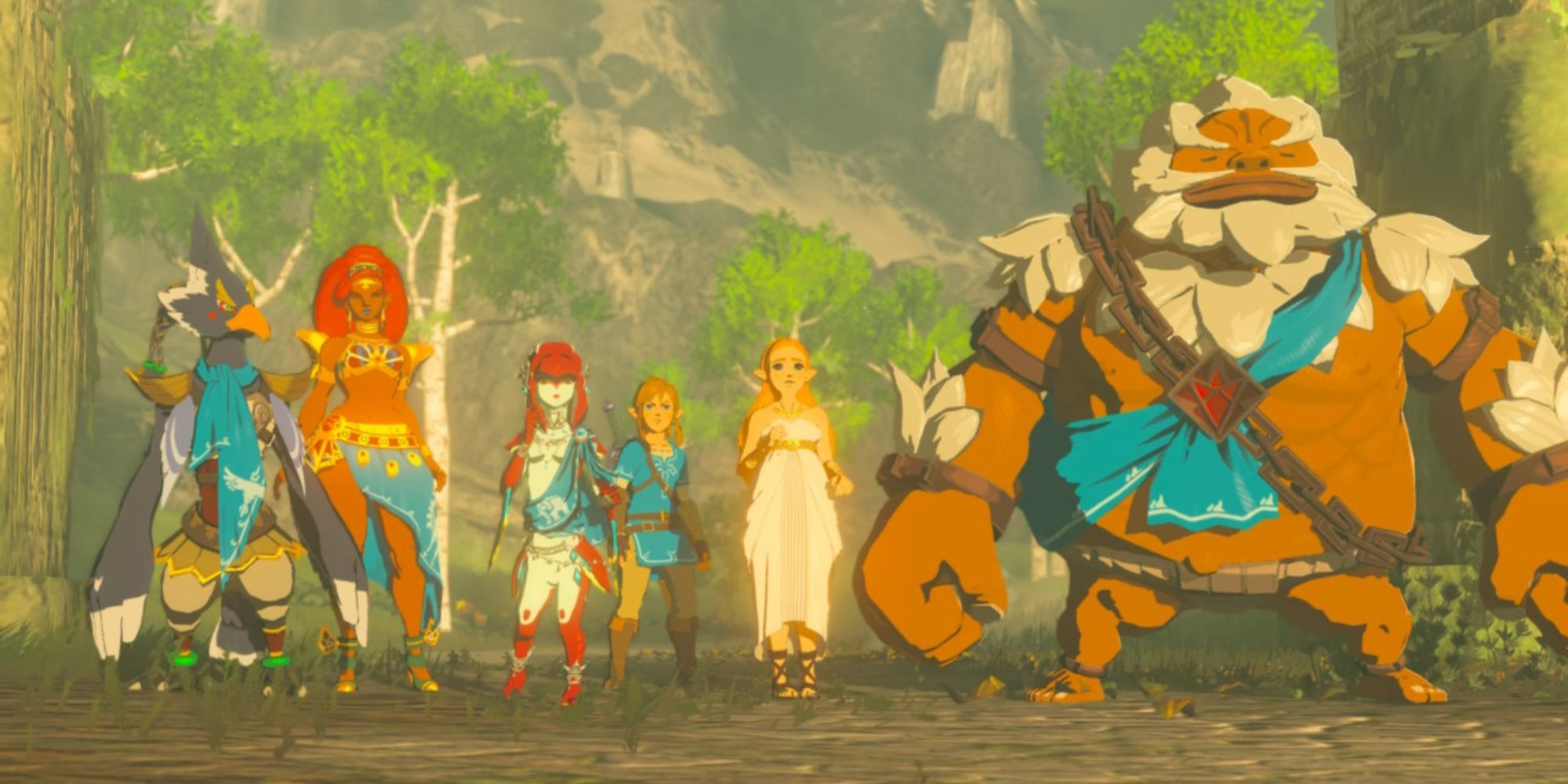 Revali, Urbosa, Mipha, Link, Zelda, and Daruk look toward the sky