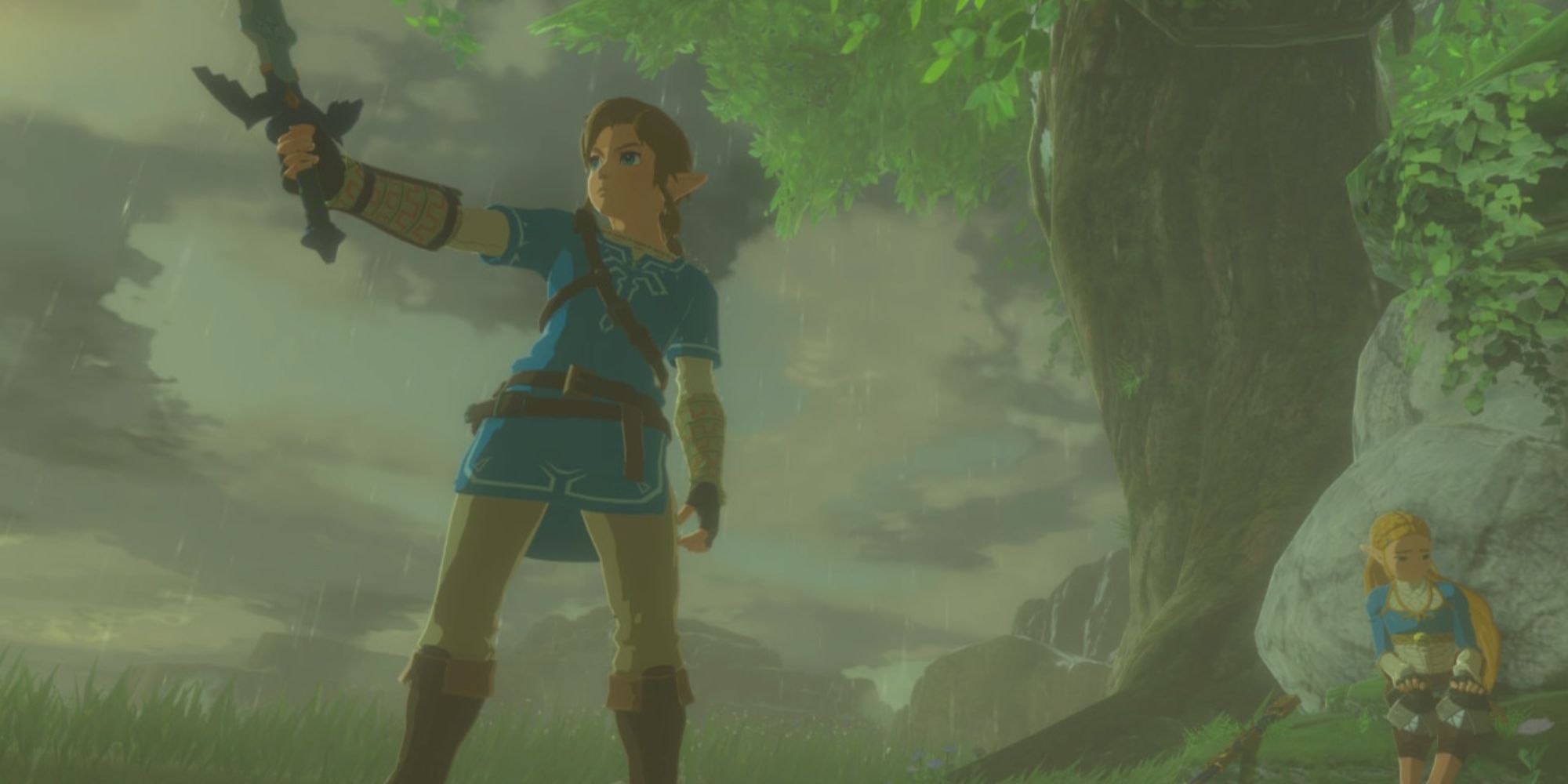 Link holds the Master Sword in the air while Zelda sits somberly by a rock