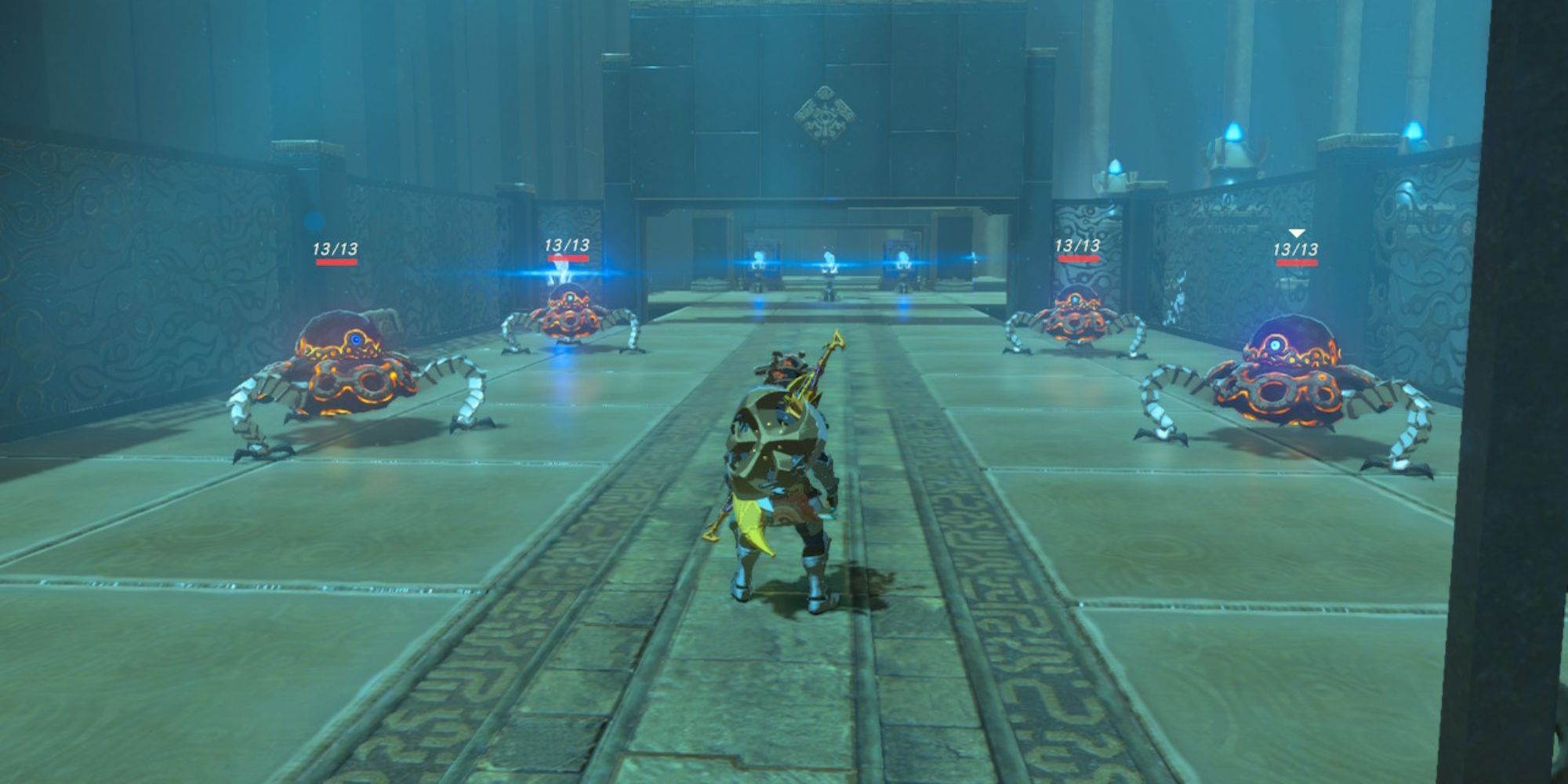 Link stands in front of Guardian Scouts and a trio of torches in the Shora Hah Shrine