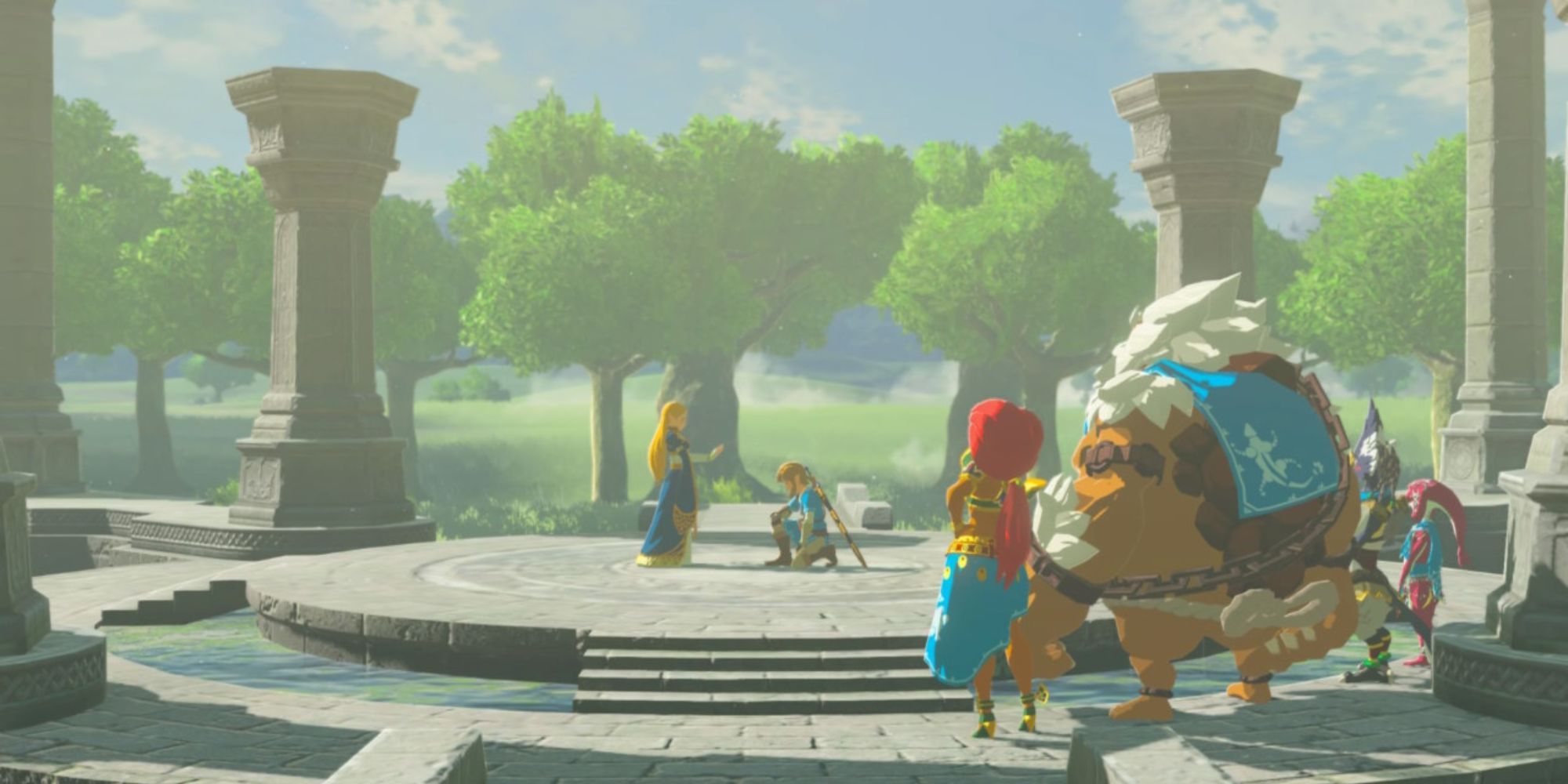Urbosa, Daruk, Revali, and Mipha watch Zelda and Link's ceremony