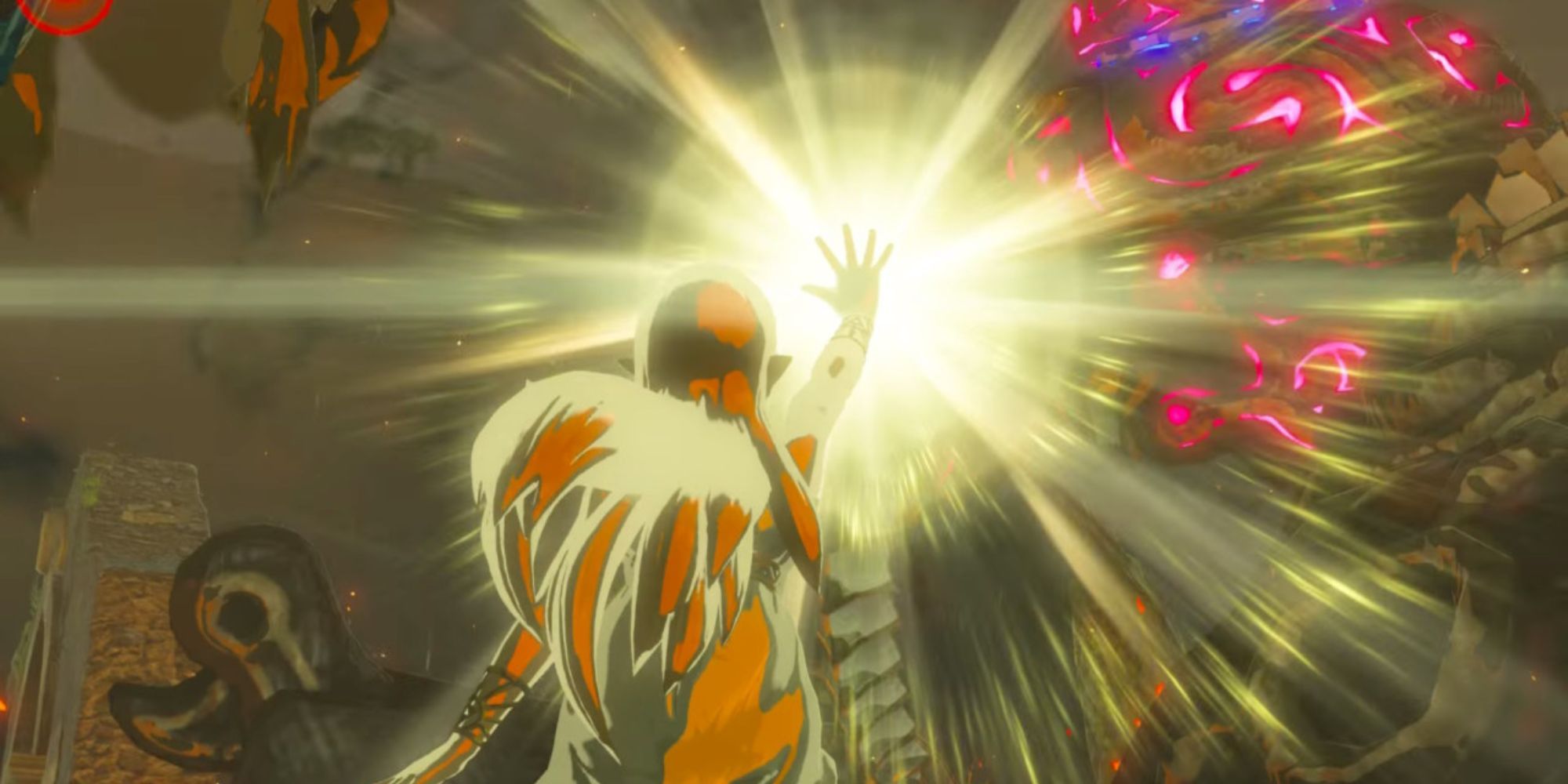 Zelda uses the power of the Triforce to defeat a swarm of Guardians