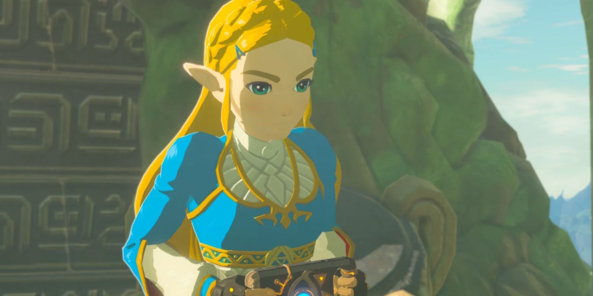 Zelda holds a Sheikah Slate in front of a Shrine