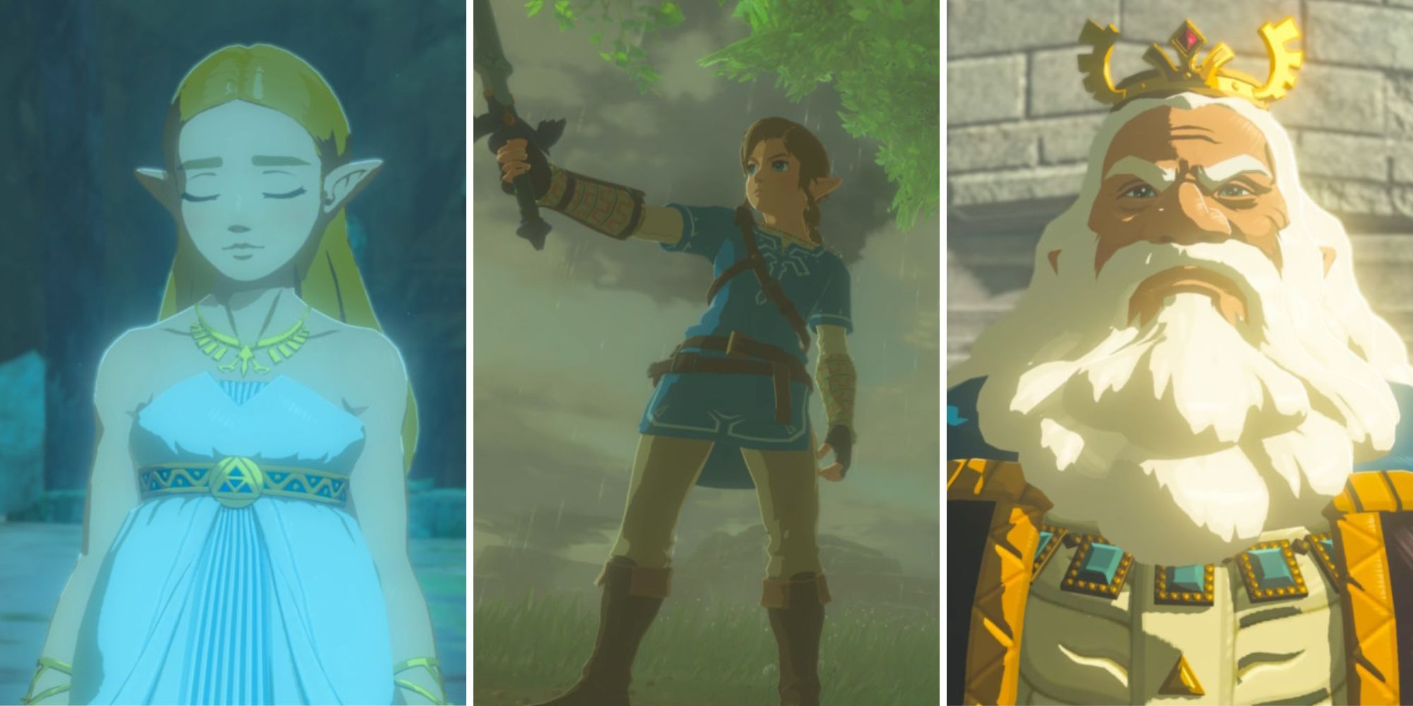 Breath of the Wild Zelda stands in a pond at night, Link holds the Master Sword in the rain, King Rhoam stands on a bridge at Hyrule Castle