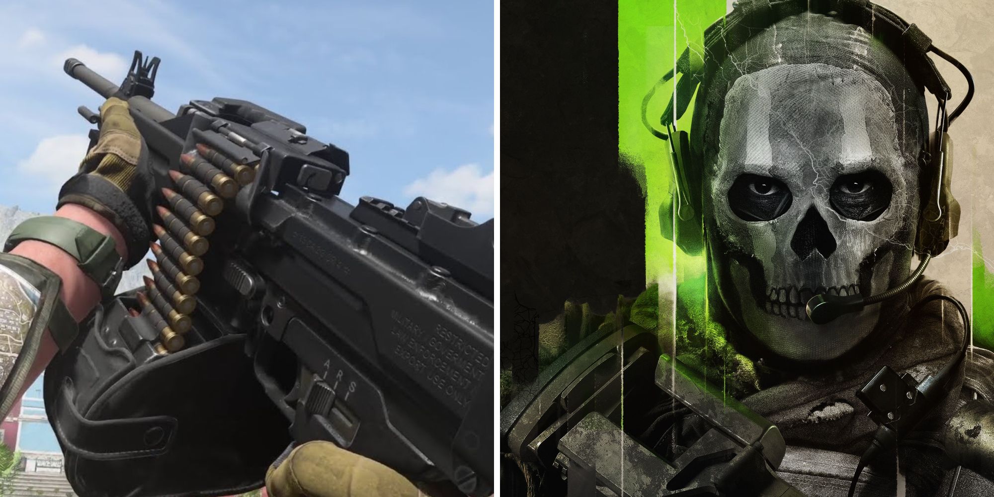 A split image of an LMG from Call Of Duty Modern Warfare 2. and the character Ghost wearing his signature skull mask.