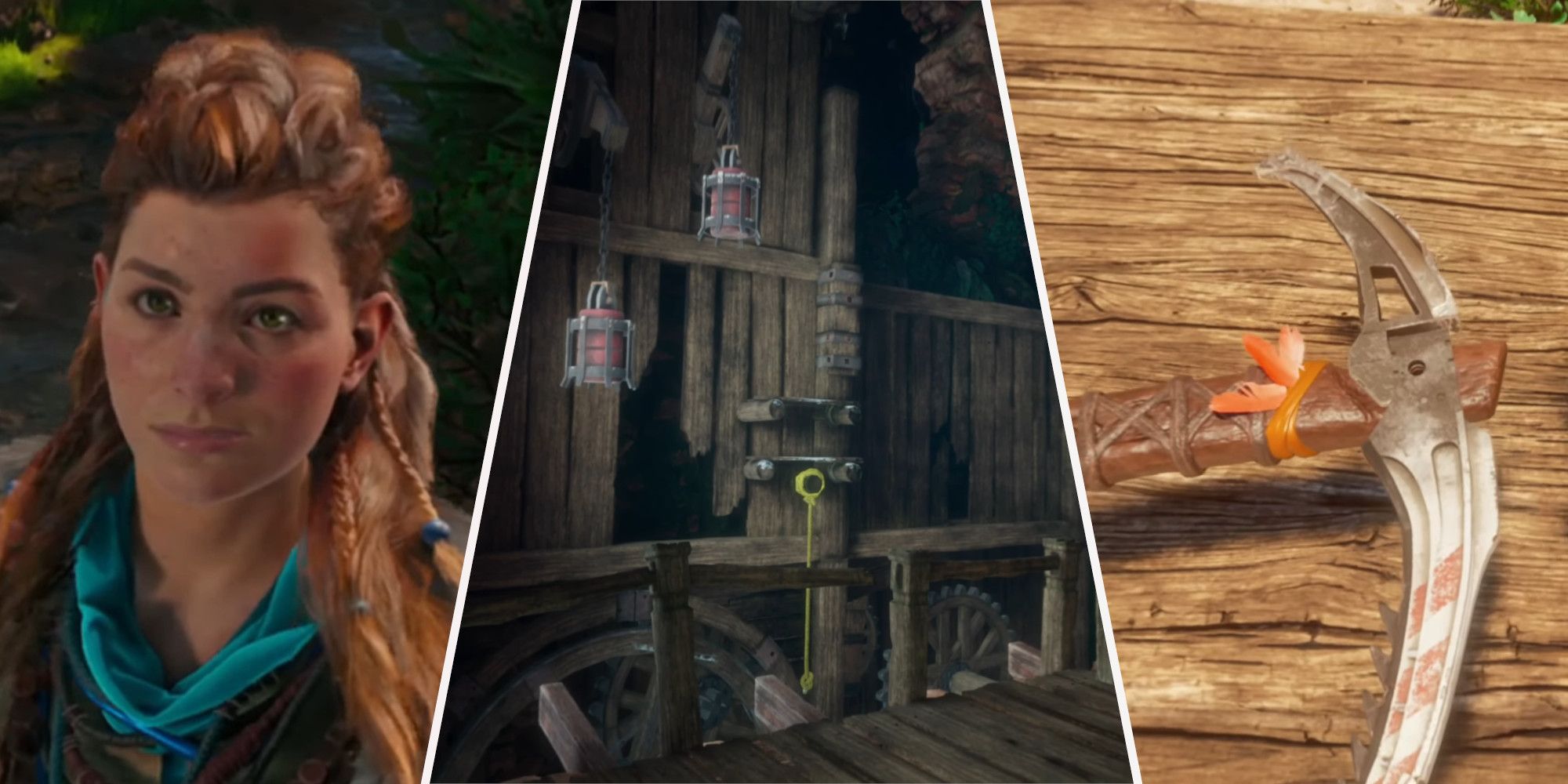 Collage image of Aloy, a ruined space inside of a wood building, and Pickaxe Crafting Station in Horizon Call Of The Mountain.