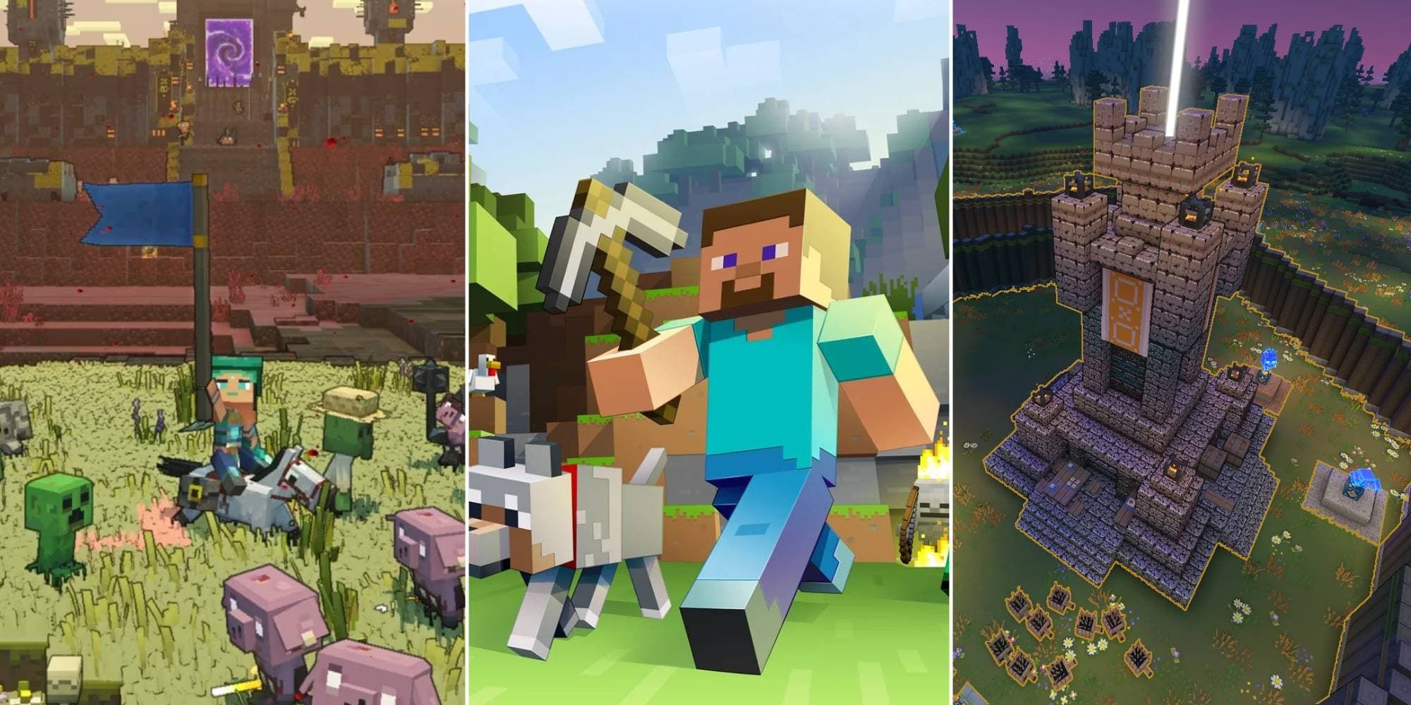 A player battles in the Minecraft Legends campaign, Steve walks with a pickaxe in Minecraft, and a tower is built in Minecraft Legends' PVP mode.