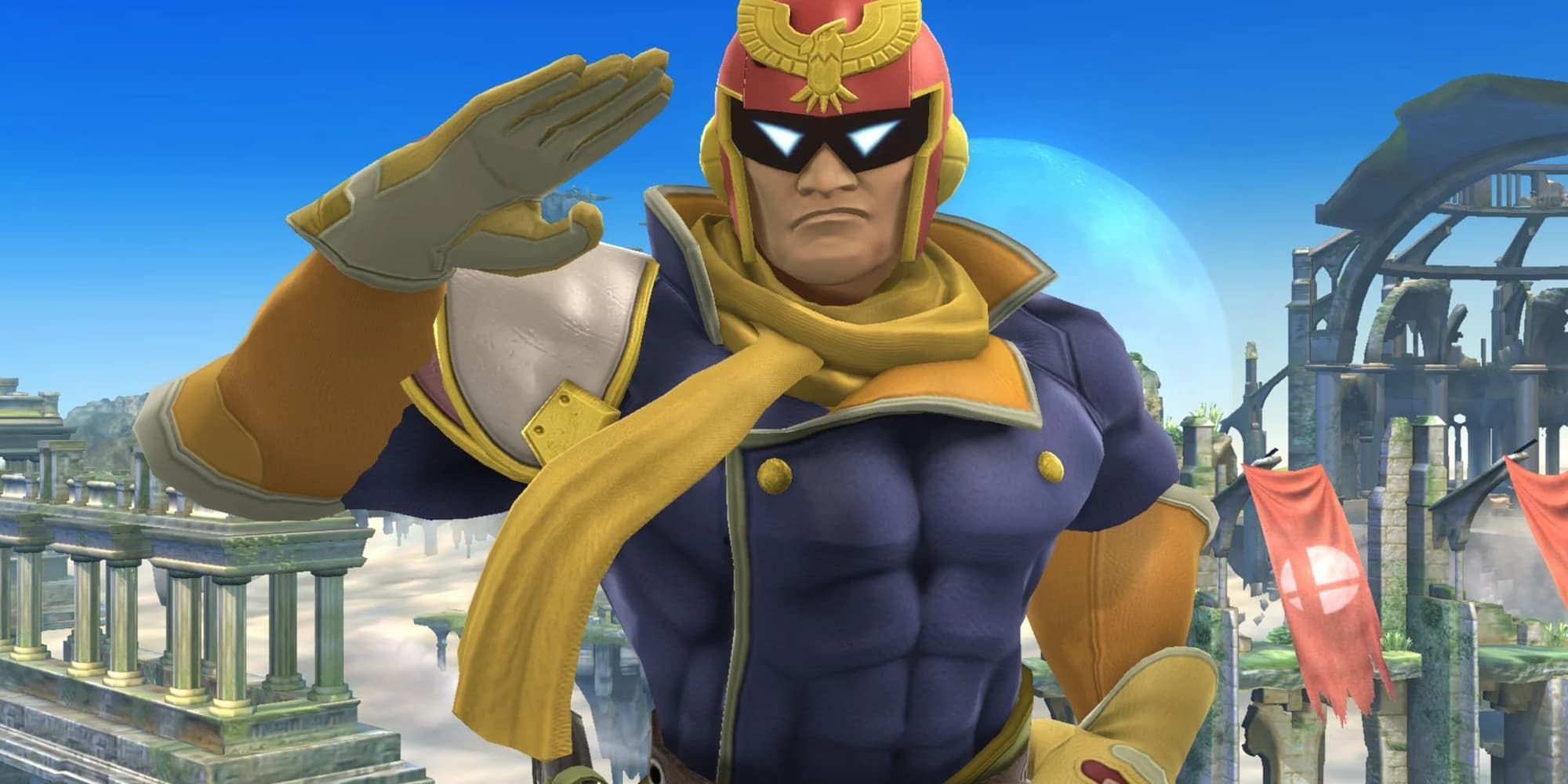 Captain Falcon of F-Zero fame salutes in Super Smash Bros.