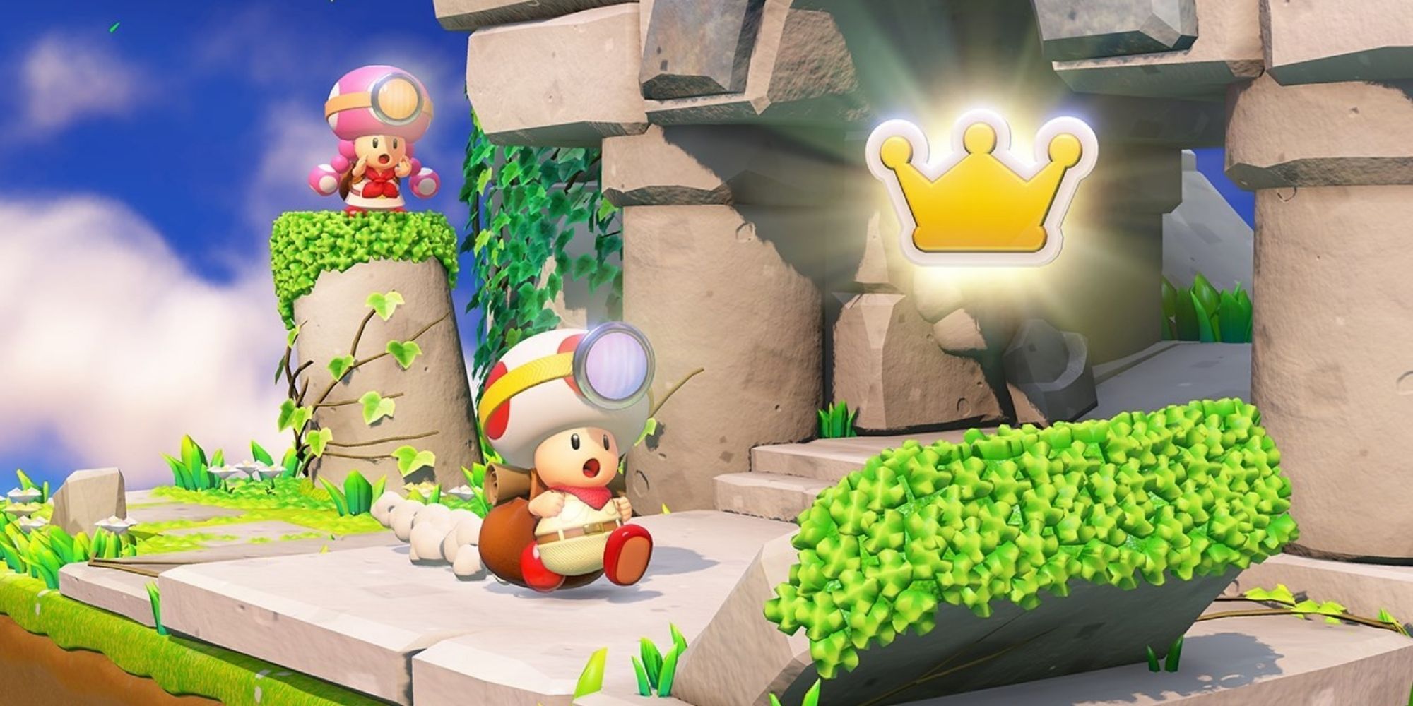 Toadette watches over Captain Toad as he heads toward treasure 