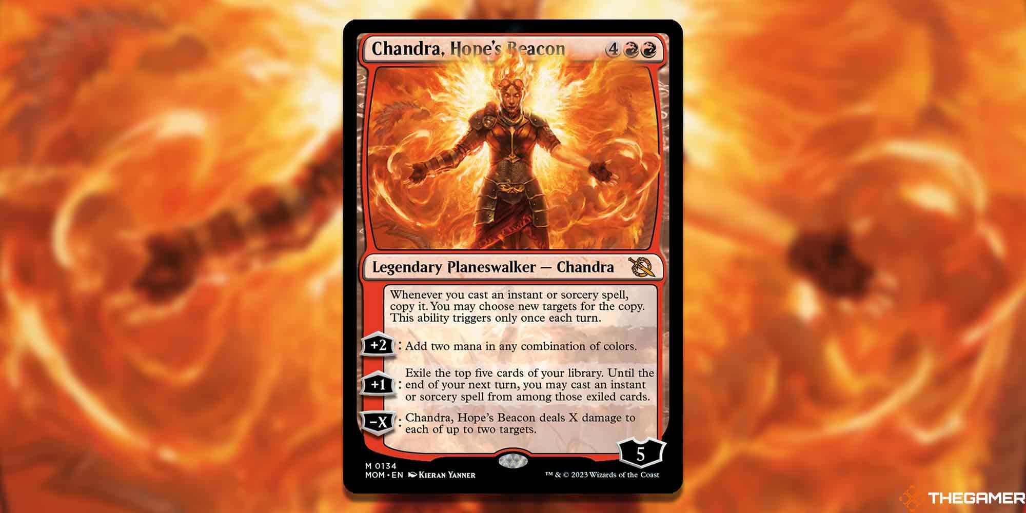 Chandra from Magic The Gathering, Hope's Beacon card and art background.