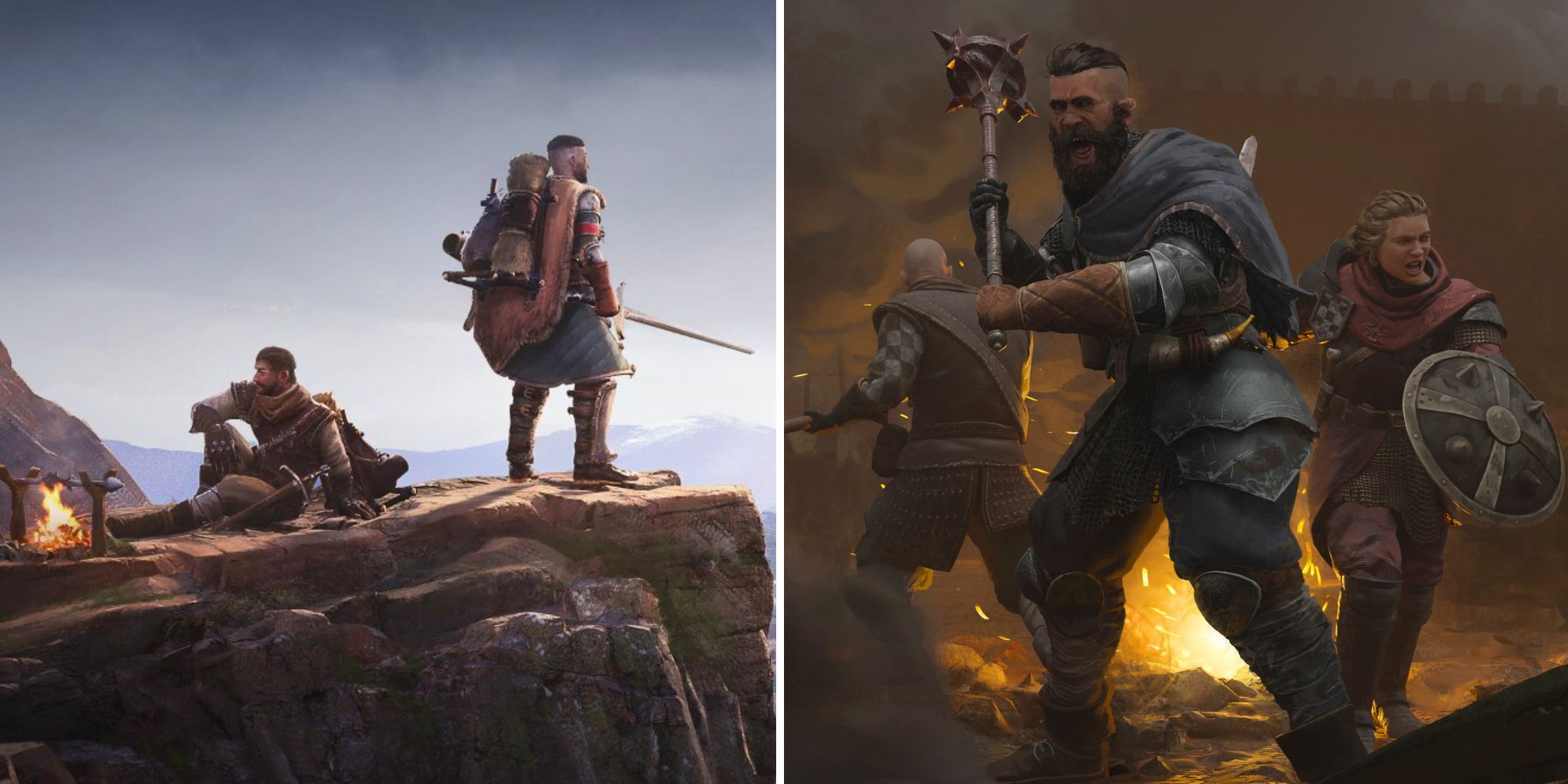 Collage image of a character standing on cliff and characters preparing for battle in Wartales.