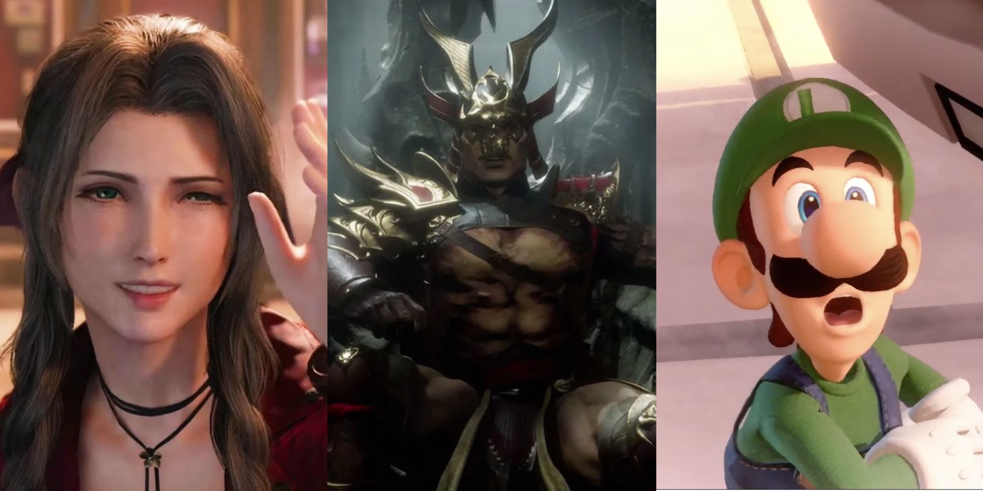 Aerith and Luigi make funny faces while Shao Kahn sits on a throne
