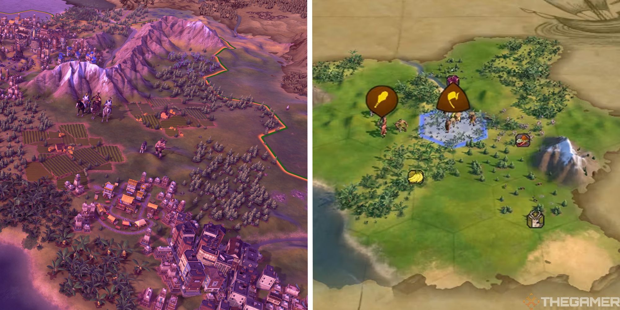 split image showing grown city during sunset, next to image of settler and warrior standing near rainforest tiles