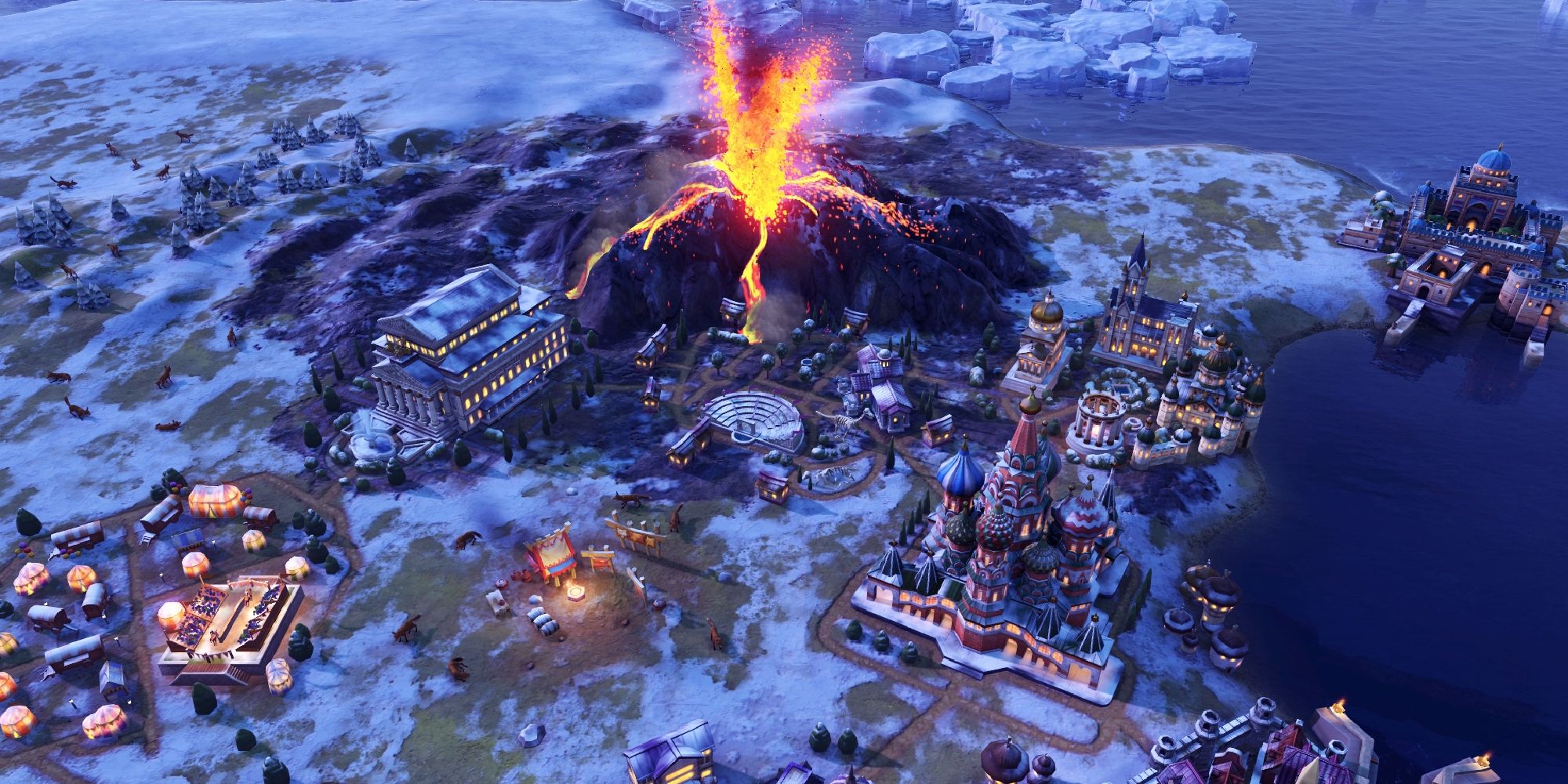 civ 6 gathering storm dlc promotional image, showing volcano erupting over snowy city