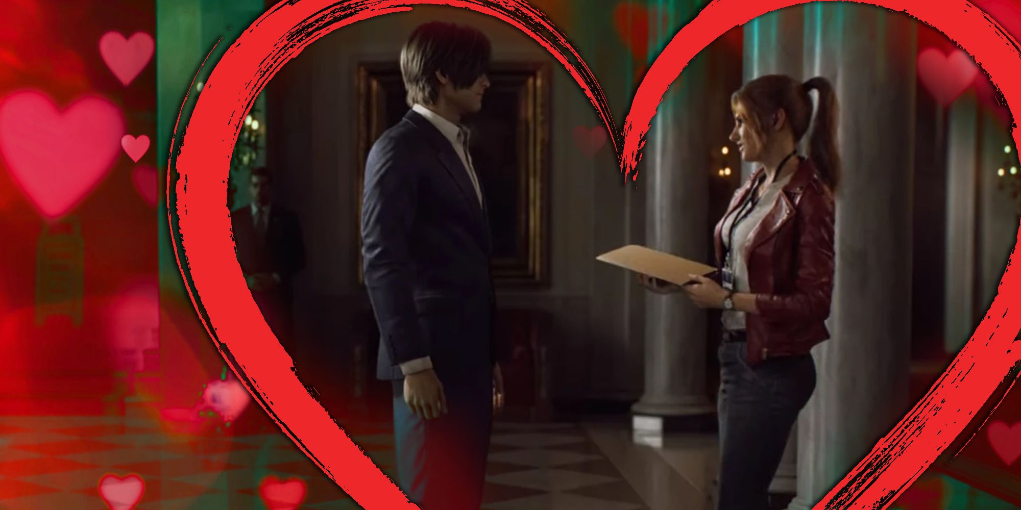 Claire Redfield and Leon Kennedy from Resident Evil: Infinite Darkness standing inside a heart