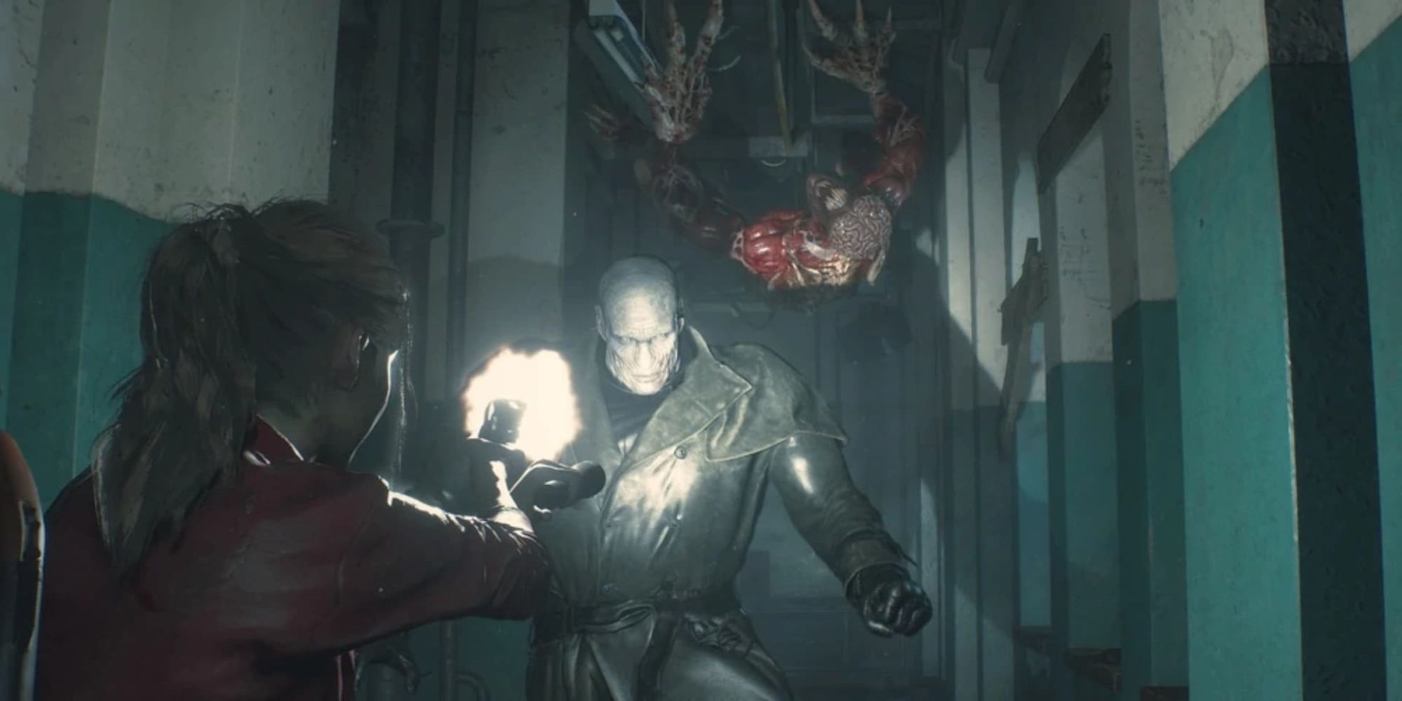 Claire Redfield shoots at Mr. X and a licker in Resident Evil 2