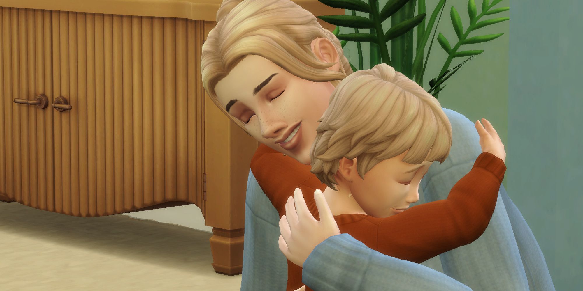 An older Sim and a baby Sim are hugging.