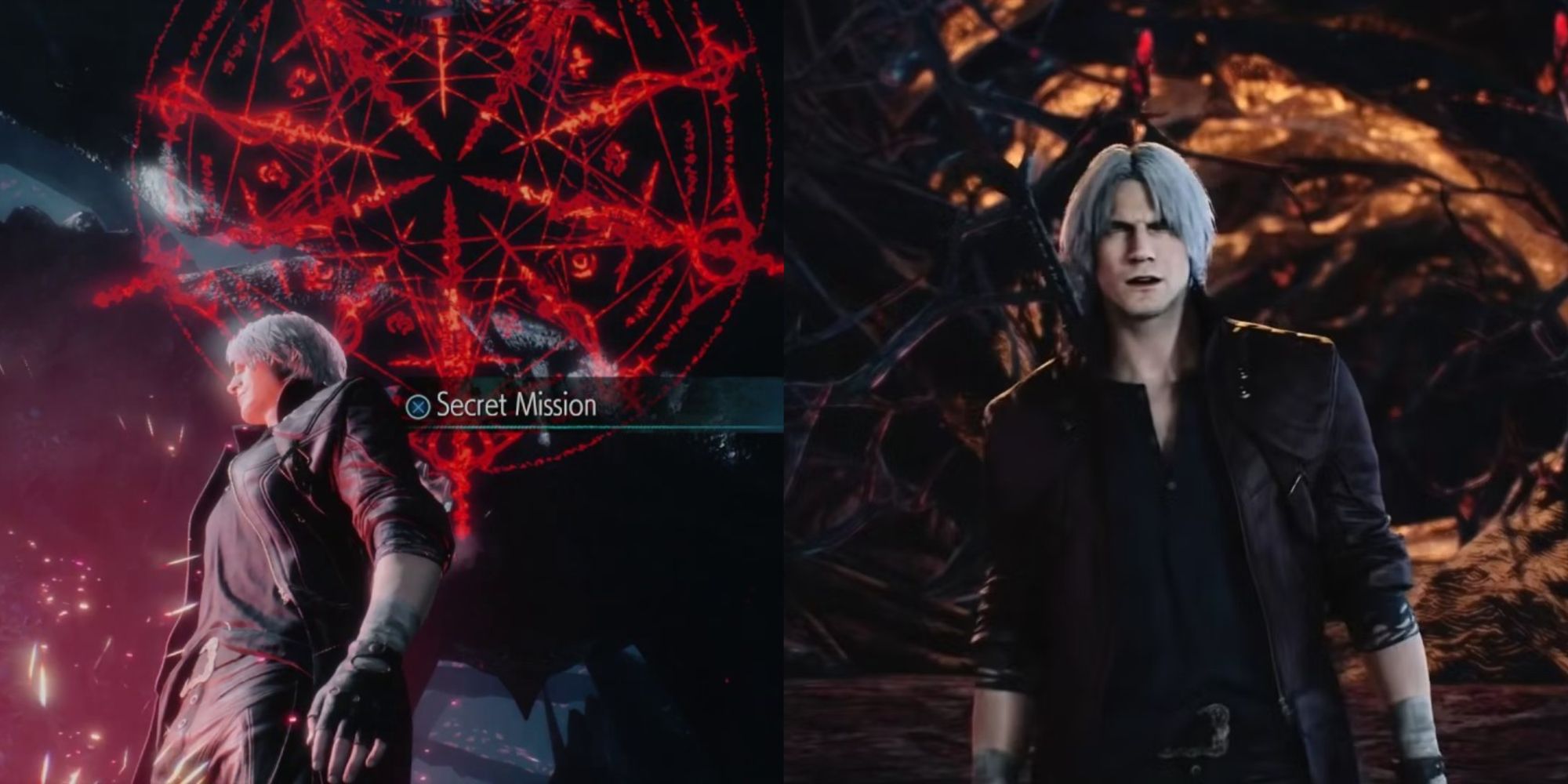 A collage showing Dante near the entrance to the secret mission on the left and Dante watching at something on the right.