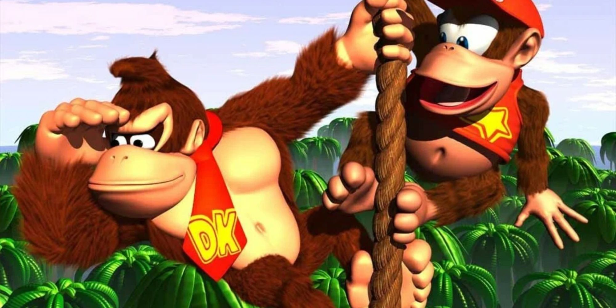 donkey and diddy kong climbing a rope