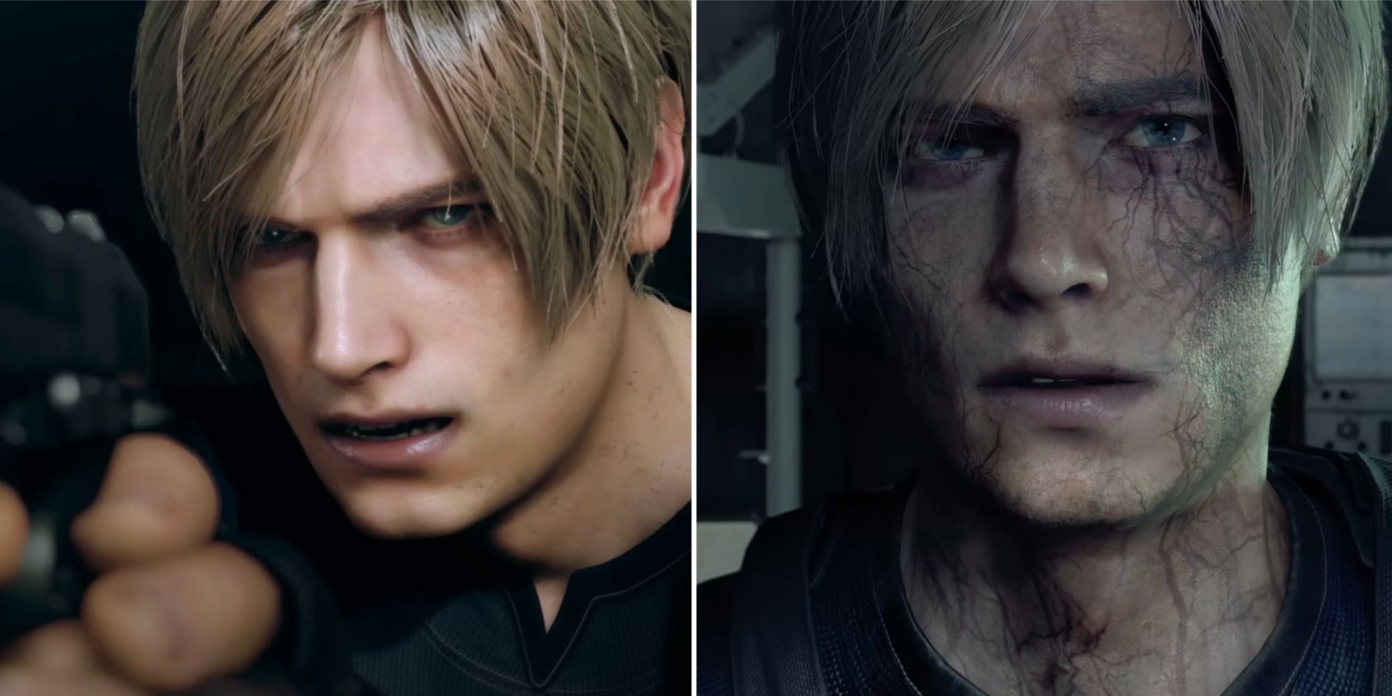A side-by-side of Leon aiming a gun with his normal looking face, and then his Plaga infected face on the left.