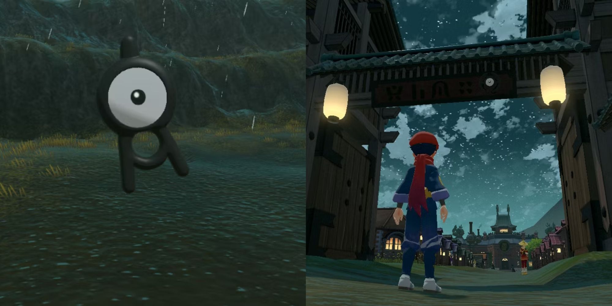 Collage image of an Unown and a pokemon trainer entering jubilife village