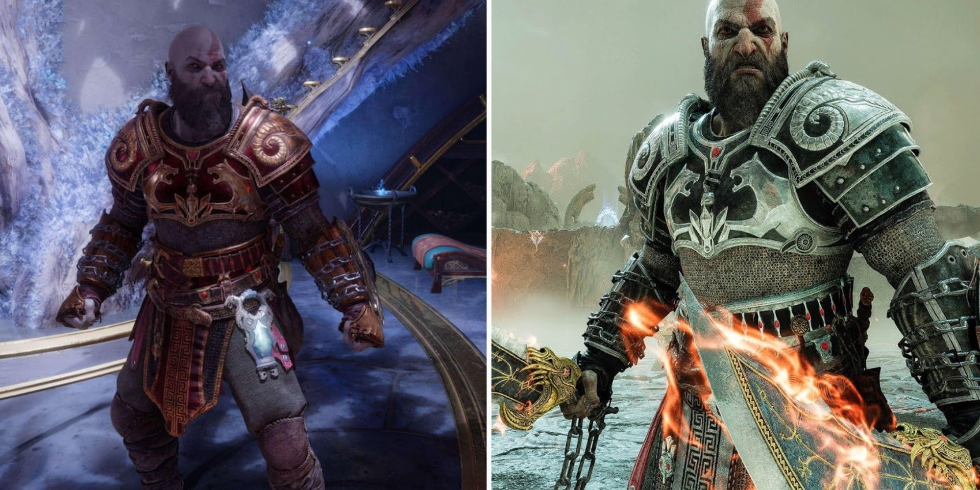 Two photos of Kratos standing still in God of War Ragnarok the video game