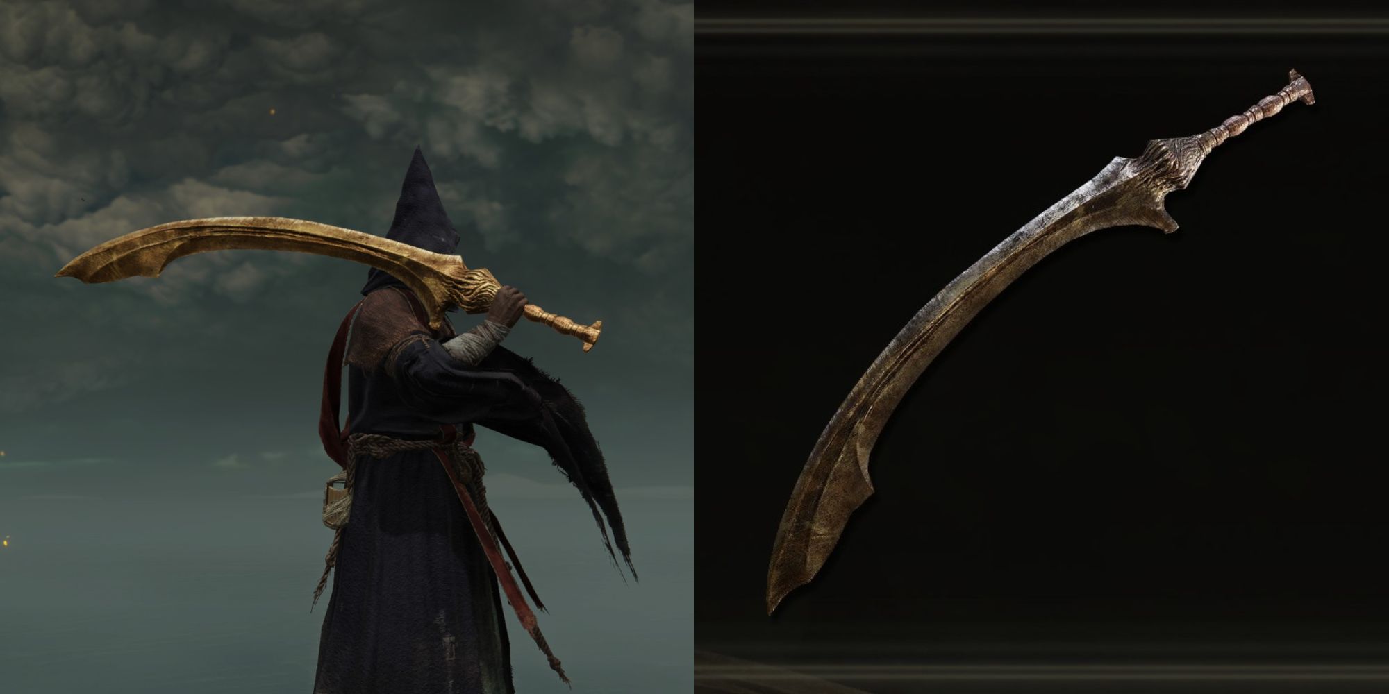 A split image of the The Tarnished resting the Onyx Lord's Greatsword on their shoulder in Elden Ring.