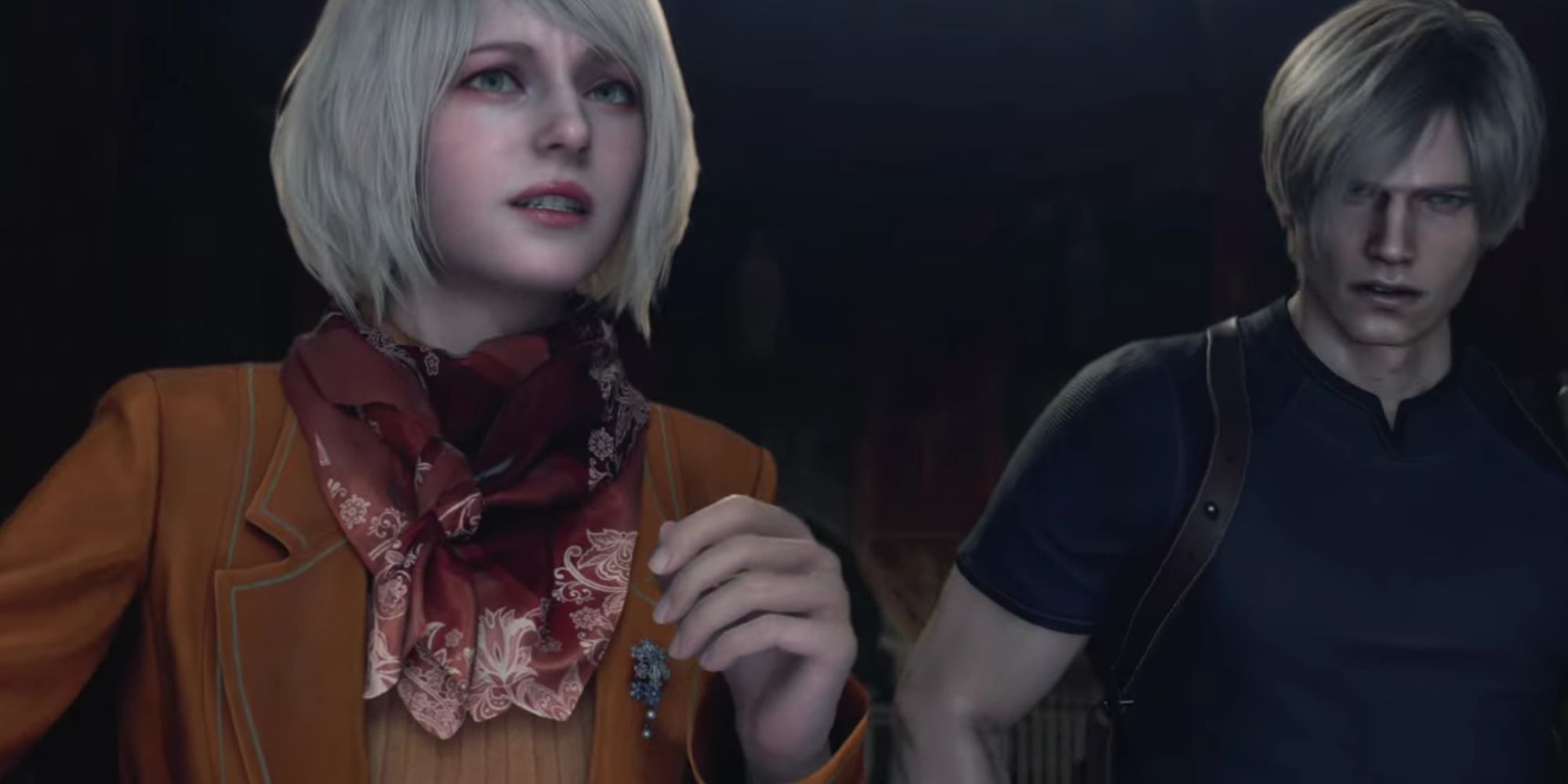 Leon and Ashley peering out of the window pane to see Ganados heading their way with concerned expressions in Resident Evil 4.