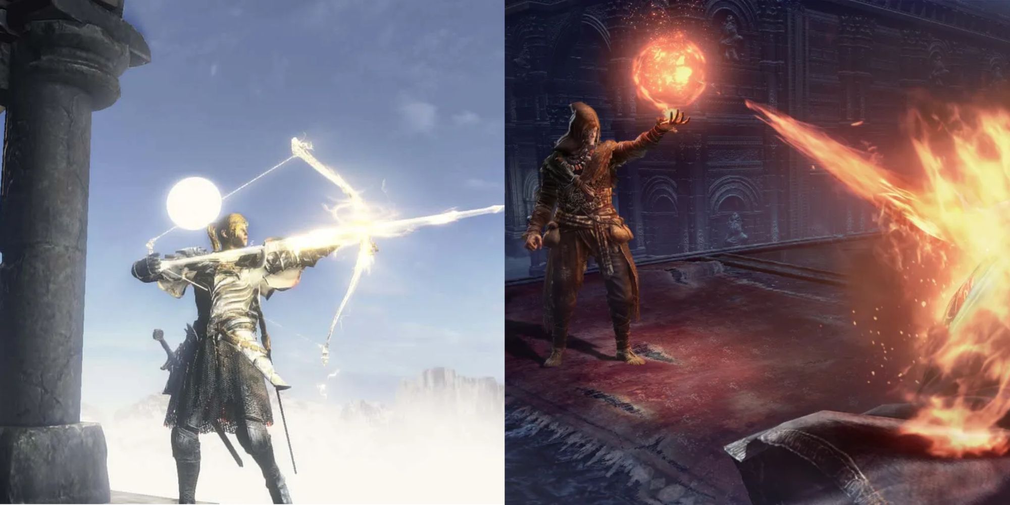 Split image showing player using Lightning Arrow and a Fire Miracle.
