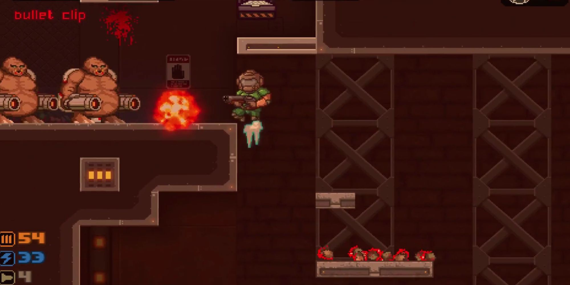 Doom Guy jumping from a platform and shooting a shotgun at two Mancubuses.