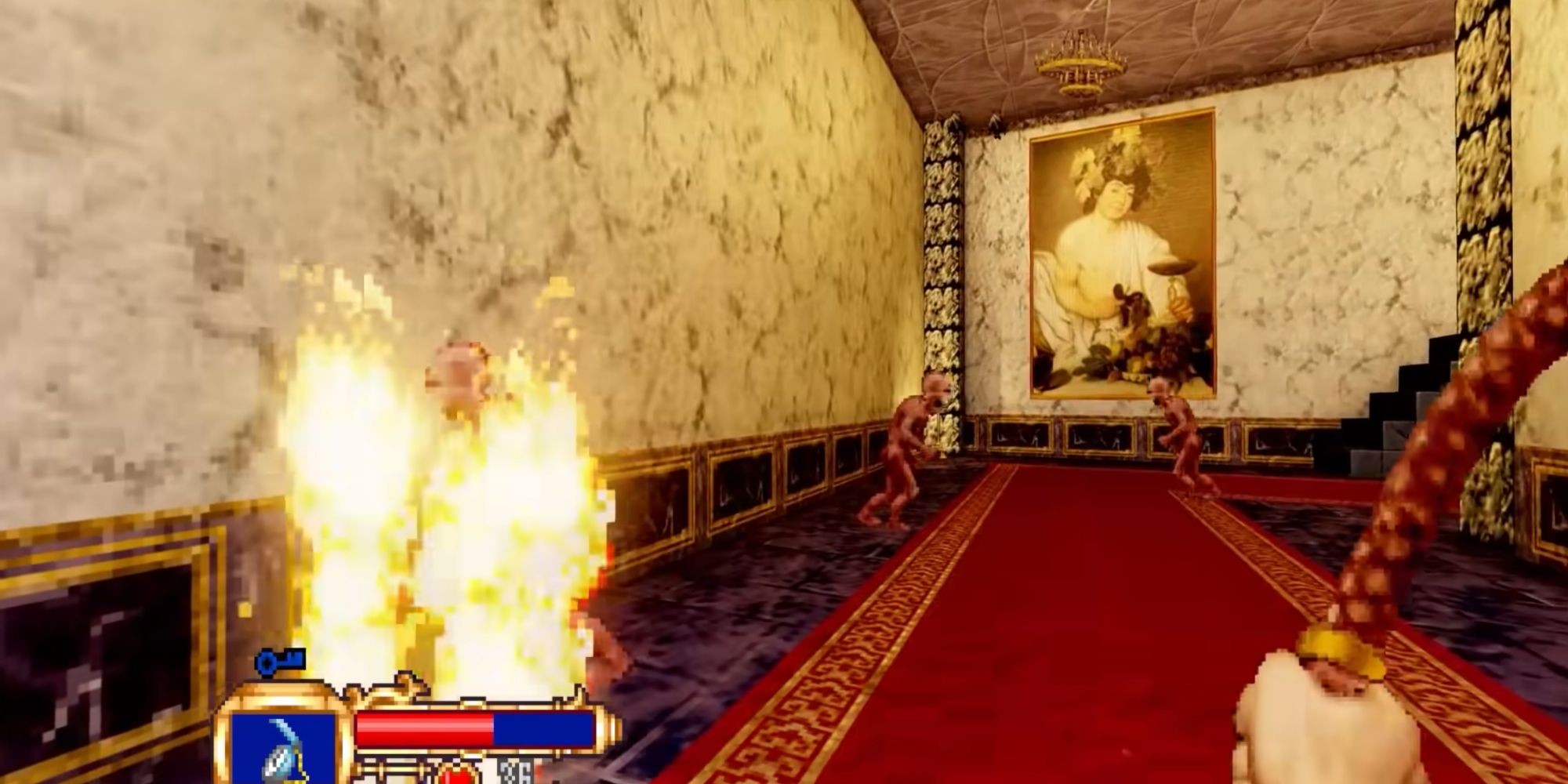 The player character in the first-person flailing a whip with enemies down the hall and one on fire, with UI appearing on-screen.